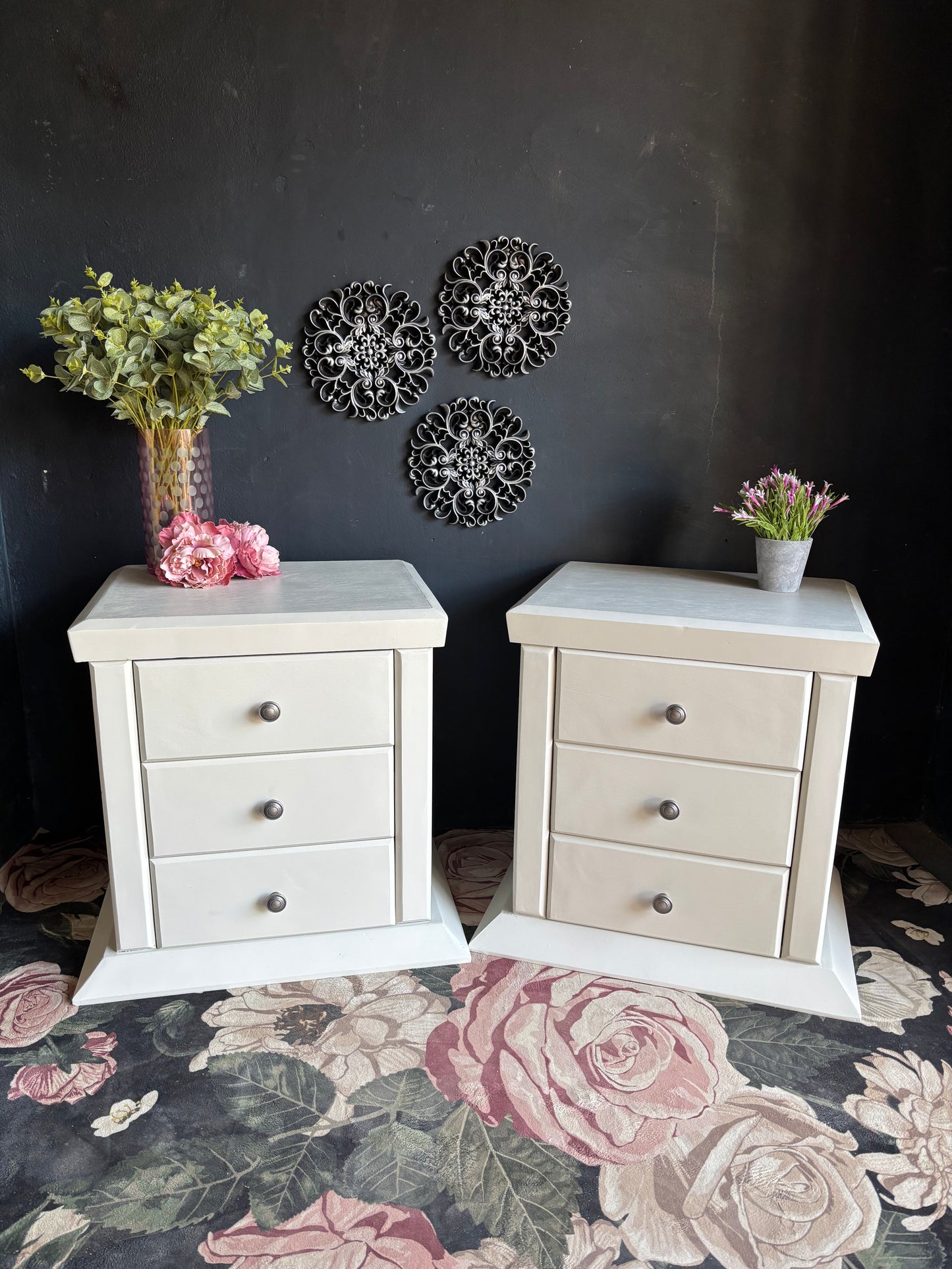 Pair of Soft White Three Drawer Bedside Tables