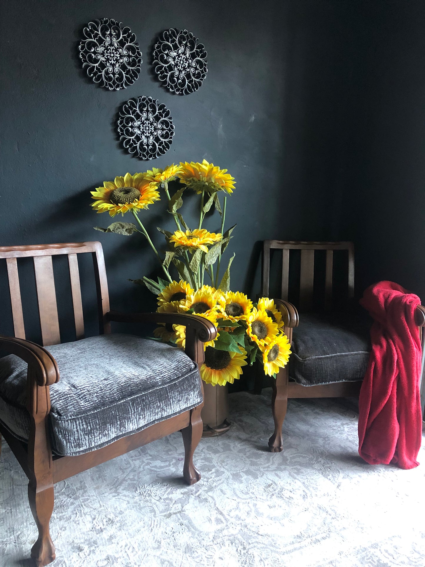 Vintage Carved Wood Armchairs – Velvet Textured Cushions