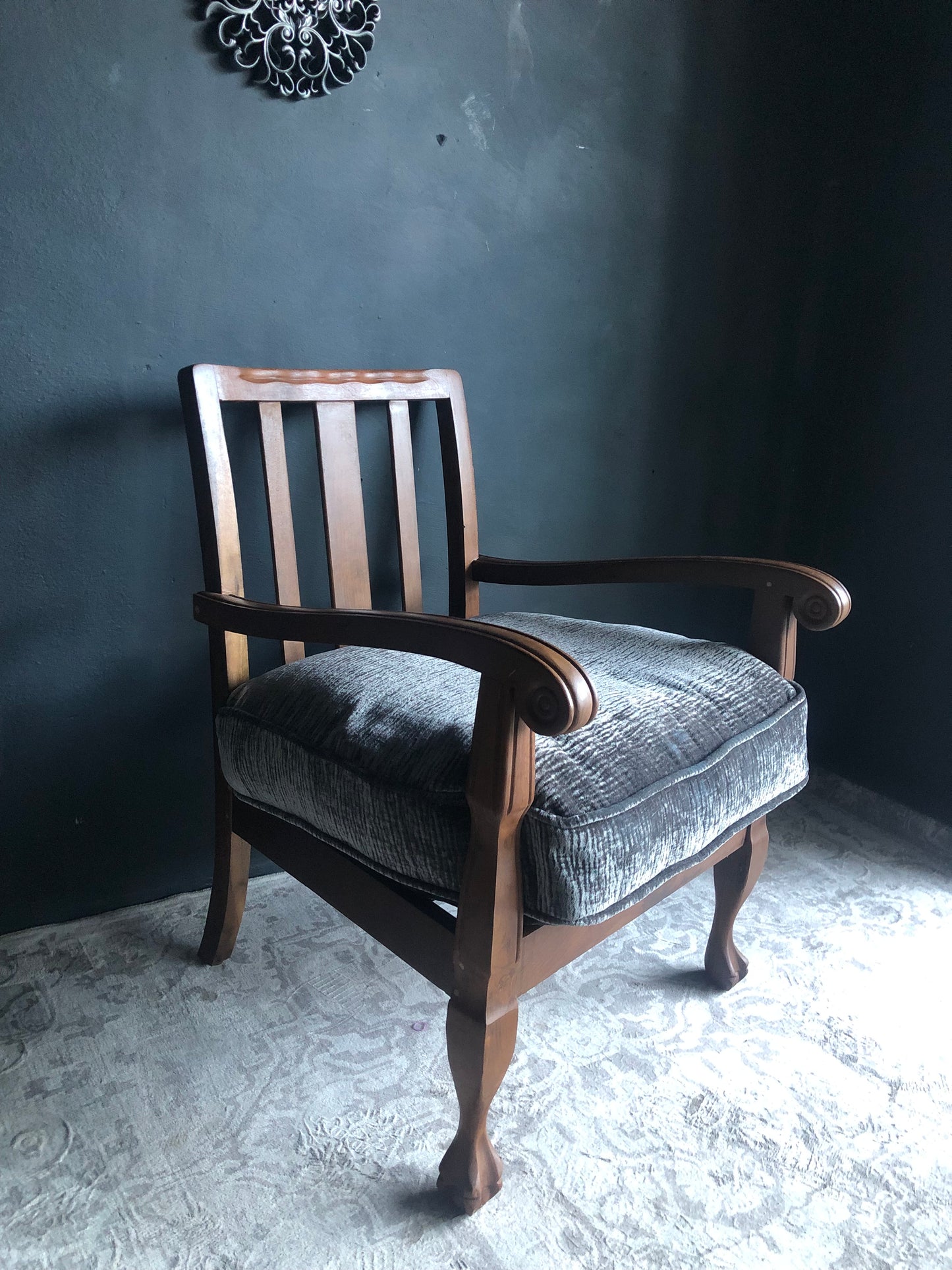 Vintage Carved Wood Armchairs – Velvet Textured Cushions