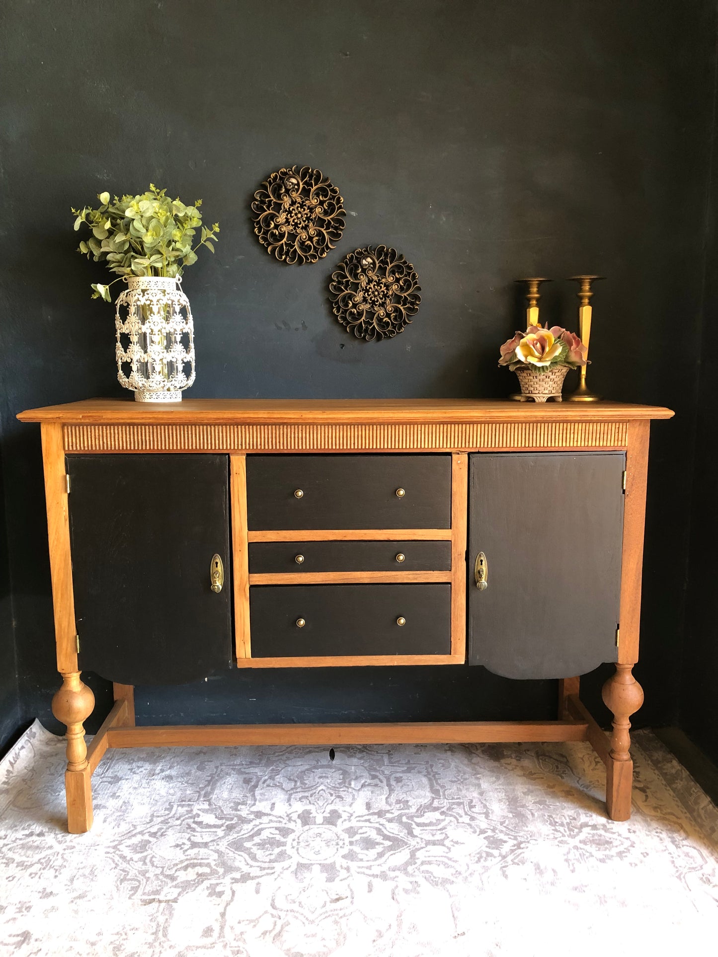 Mid-Century Two-Tone Sideboard Cabinet – Black & Natural Wood Finish