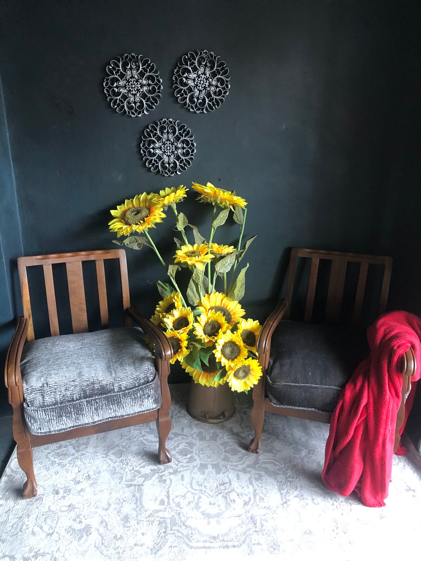 Vintage Carved Wood Armchairs – Velvet Textured Cushions