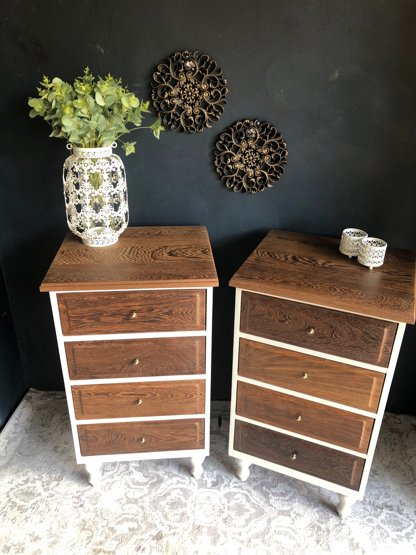Pair of Tall 4-Drawer Bedside Chests – Solid Partridge Wood Tops & Drawer Fronts