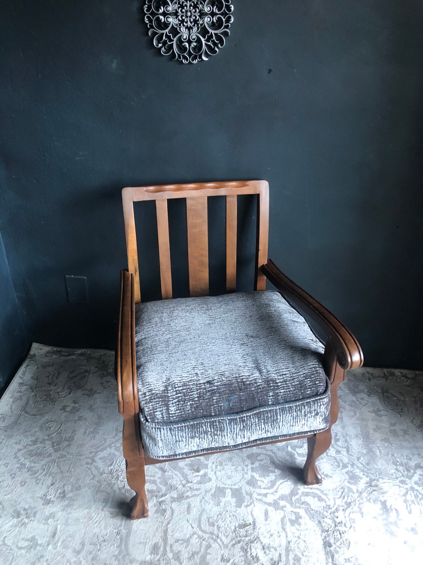 Vintage Carved Wood Armchairs – Velvet Textured Cushions