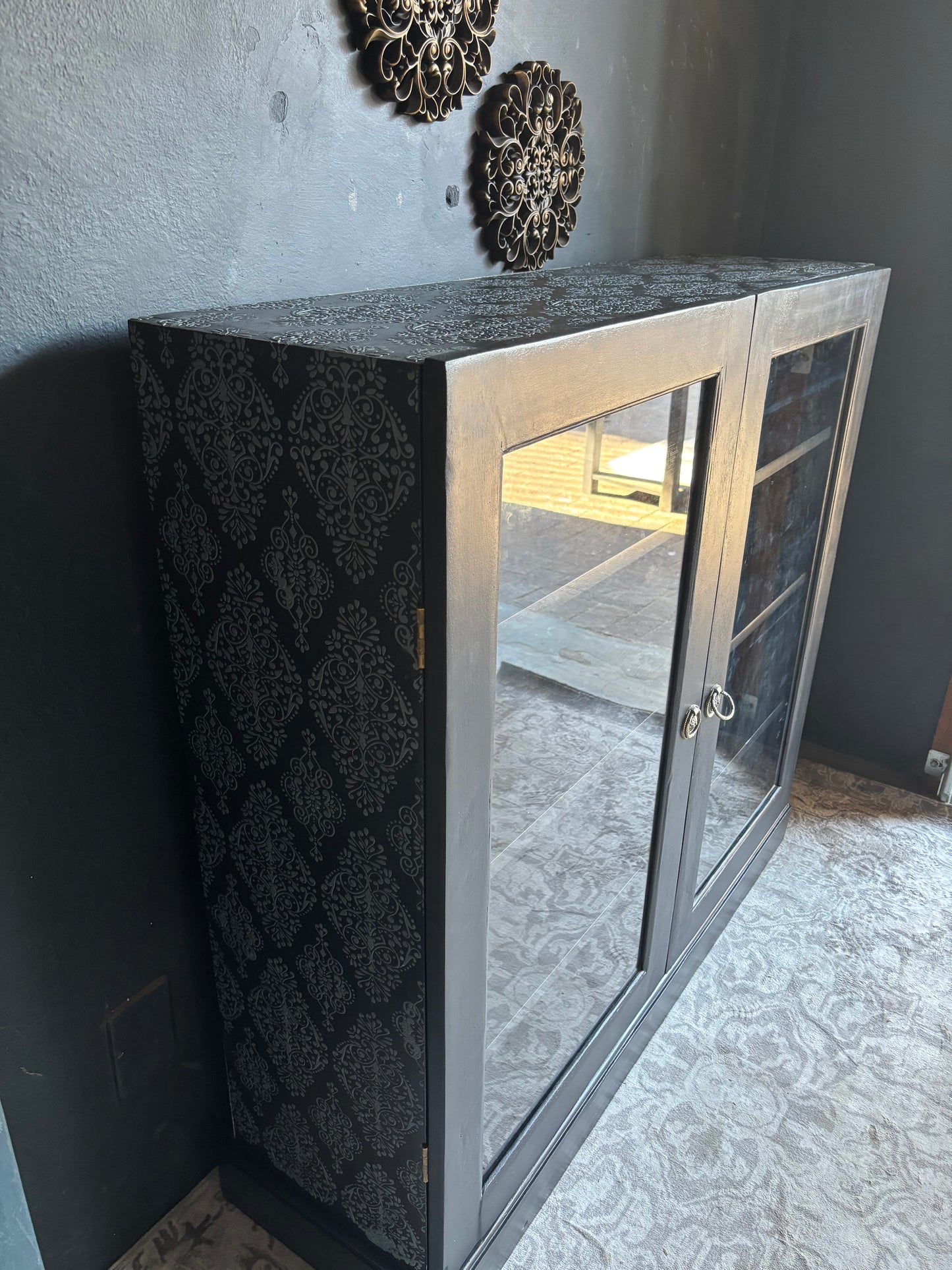 Navy Display Cabinet with Grey Raised Stencil Pattern