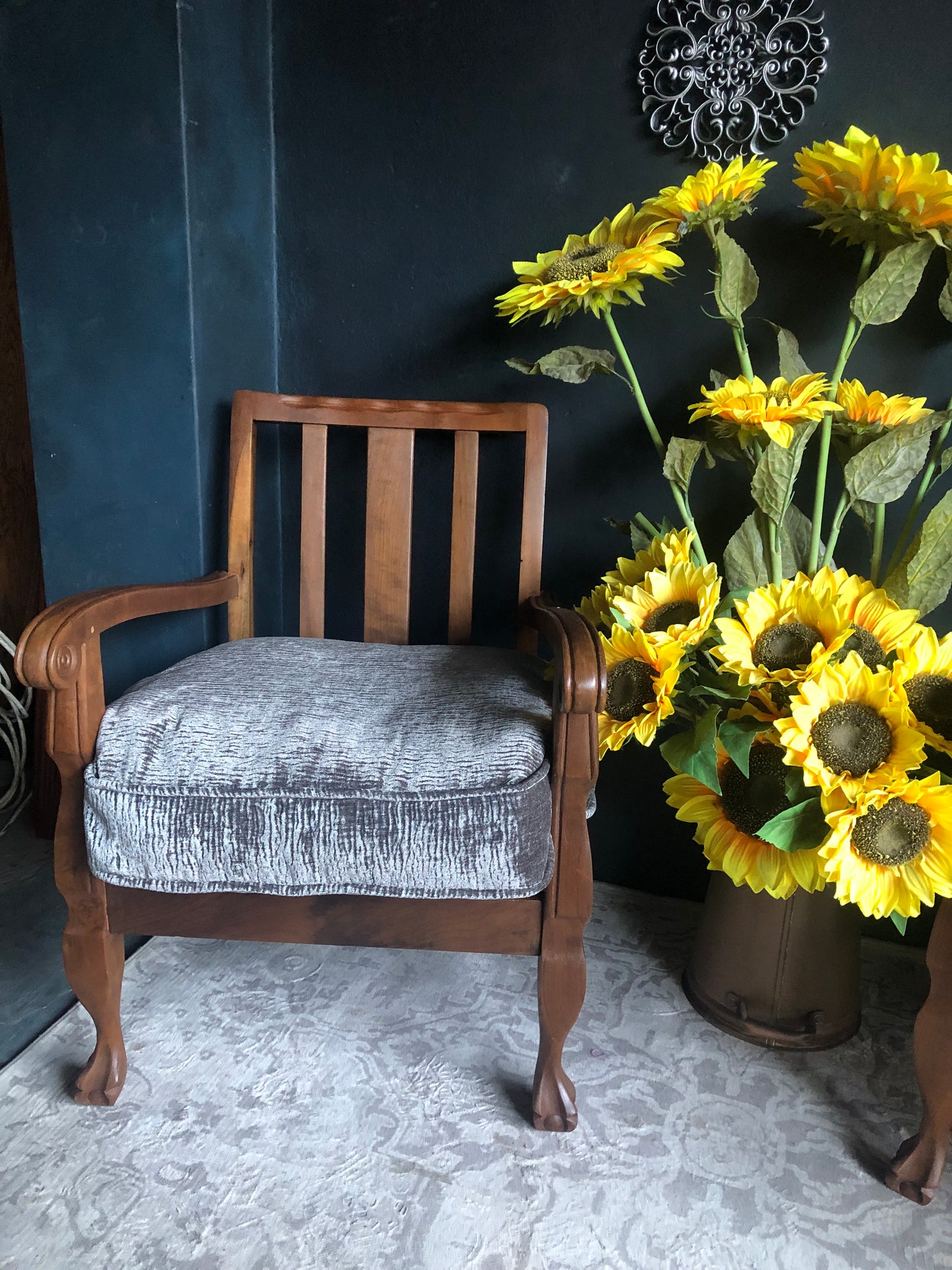 Vintage Carved Wood Armchairs – Velvet Textured Cushions