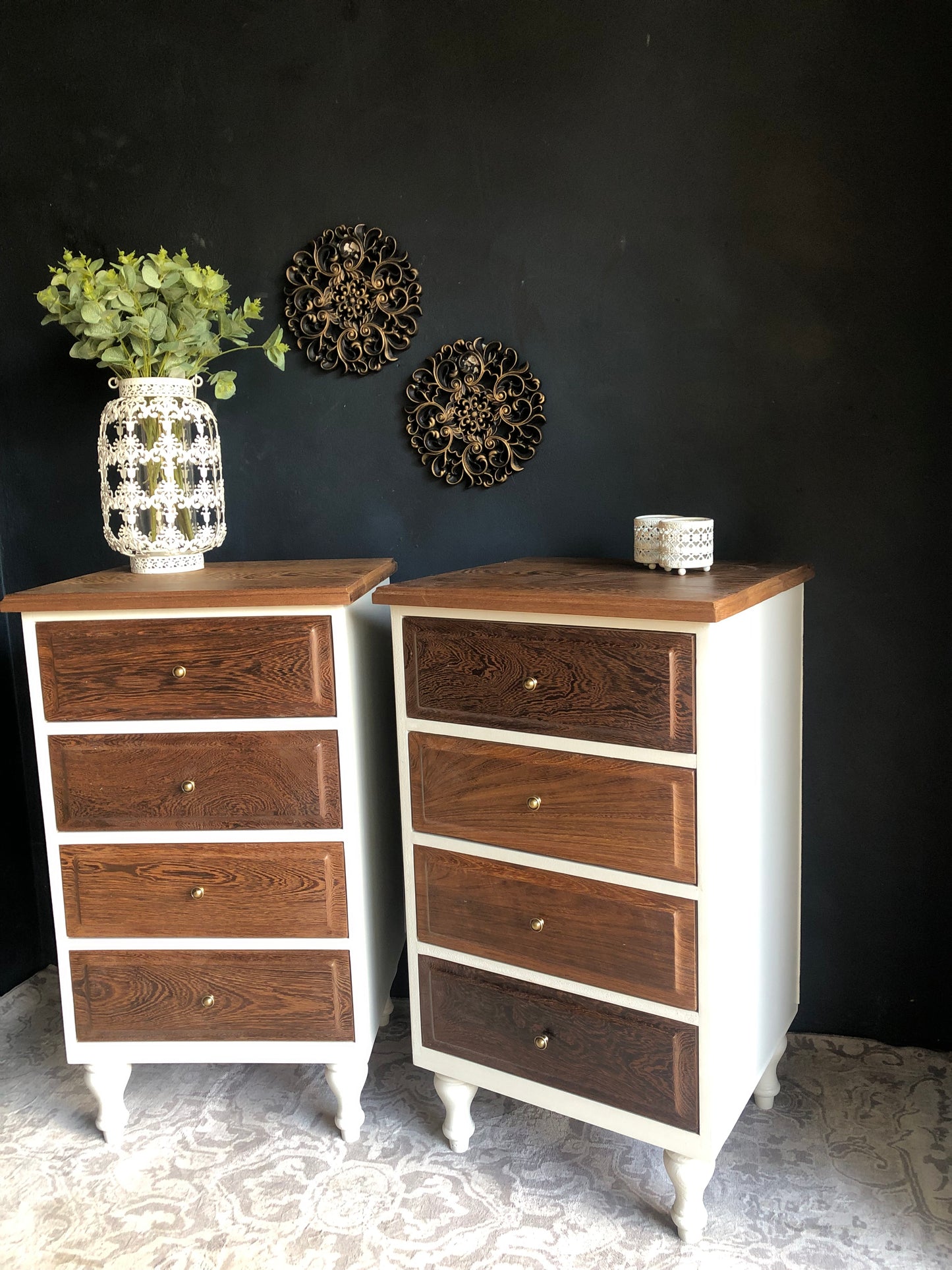Pair of Tall 4-Drawer Bedside Chests – Solid Partridge Wood Tops & Drawer Fronts