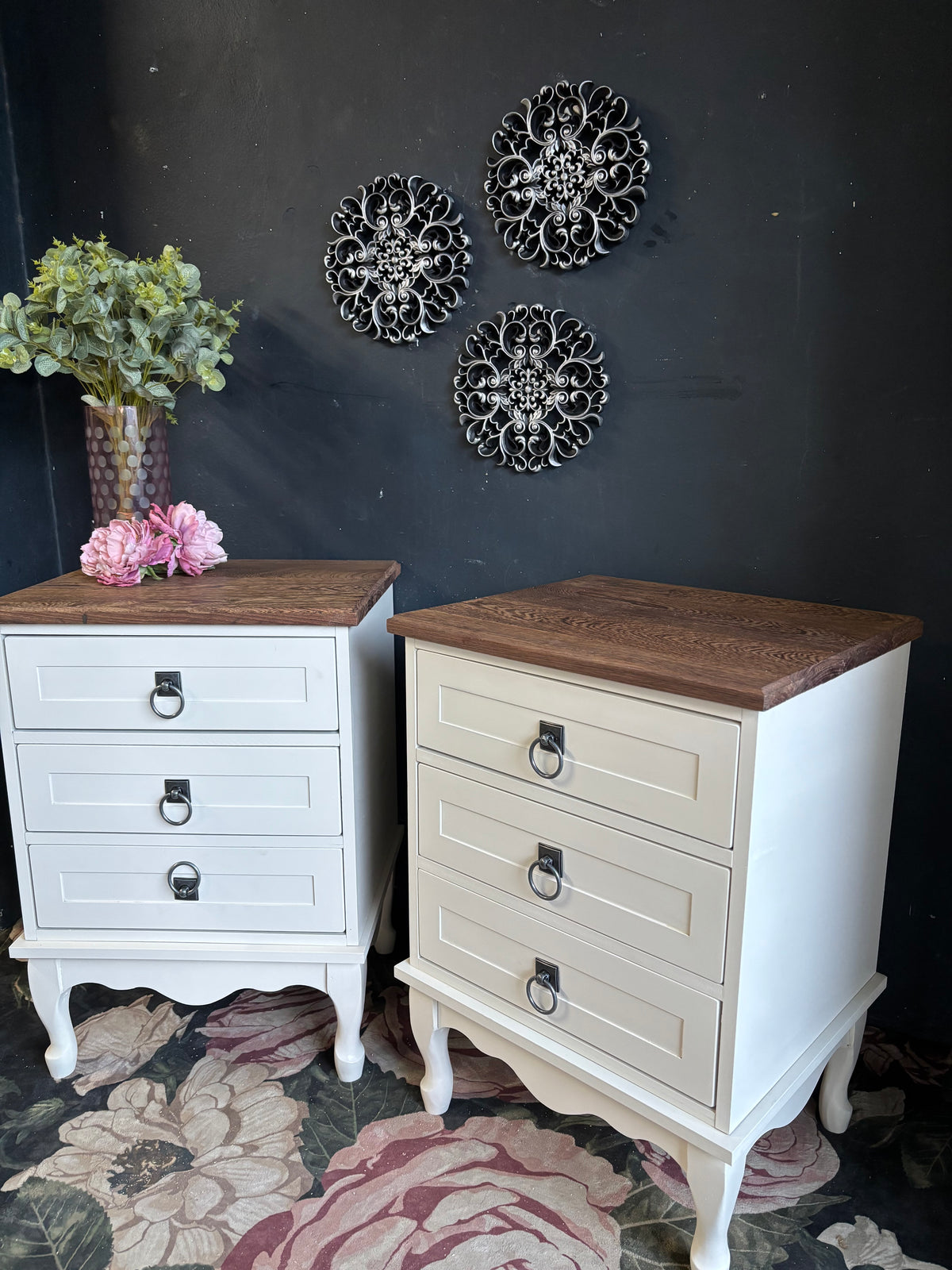French Provincial Three-Drawer Bedside Tables with Solid Partridge Wood Tops