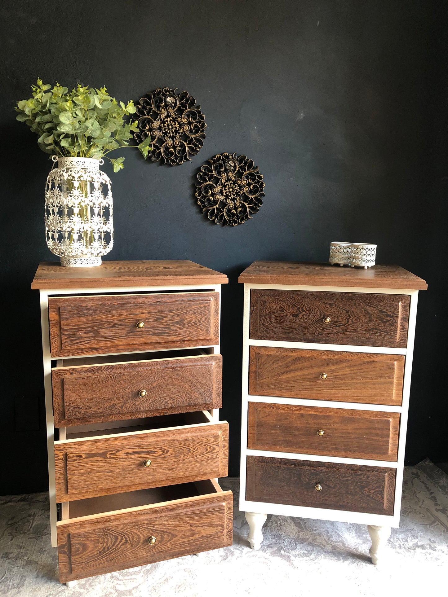 Pair of Tall 4-Drawer Bedside Chests – Solid Partridge Wood Tops & Drawer Fronts