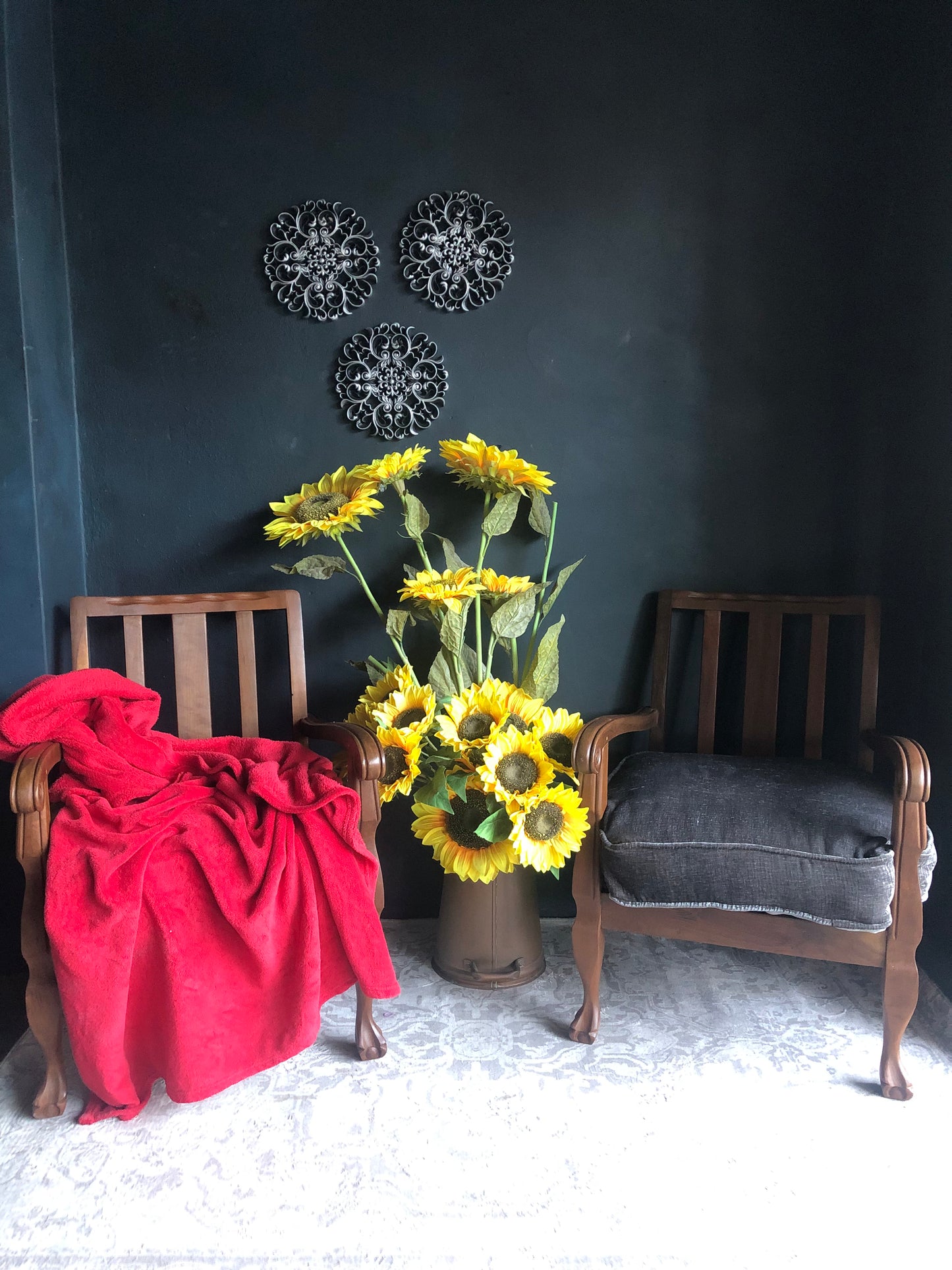 Vintage Carved Wood Armchairs – Velvet Textured Cushions