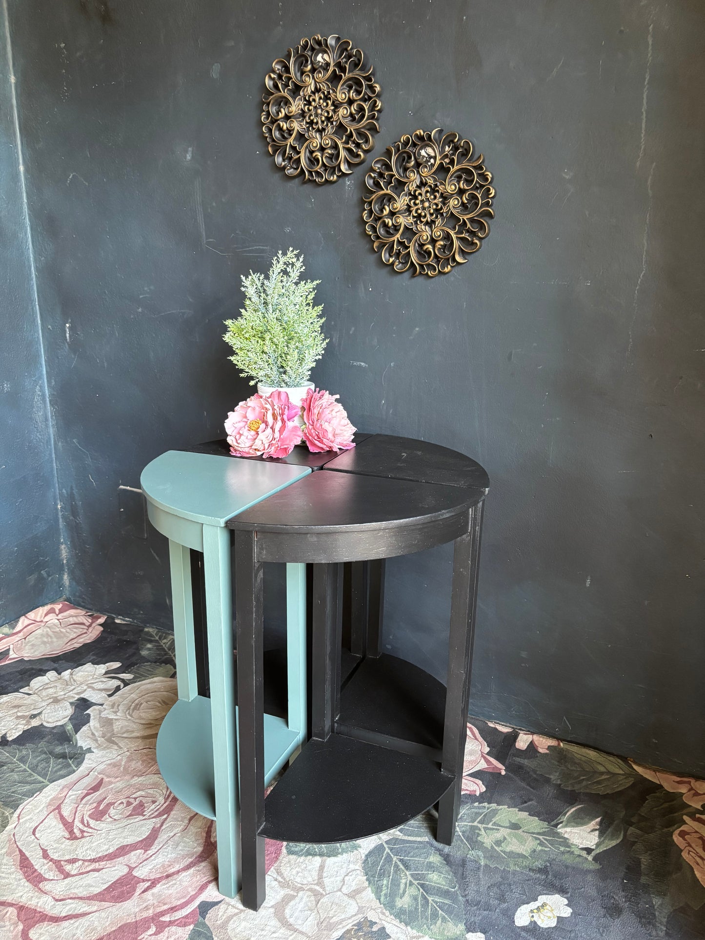 Black and Teal Circular Side Tables (Set of 4)