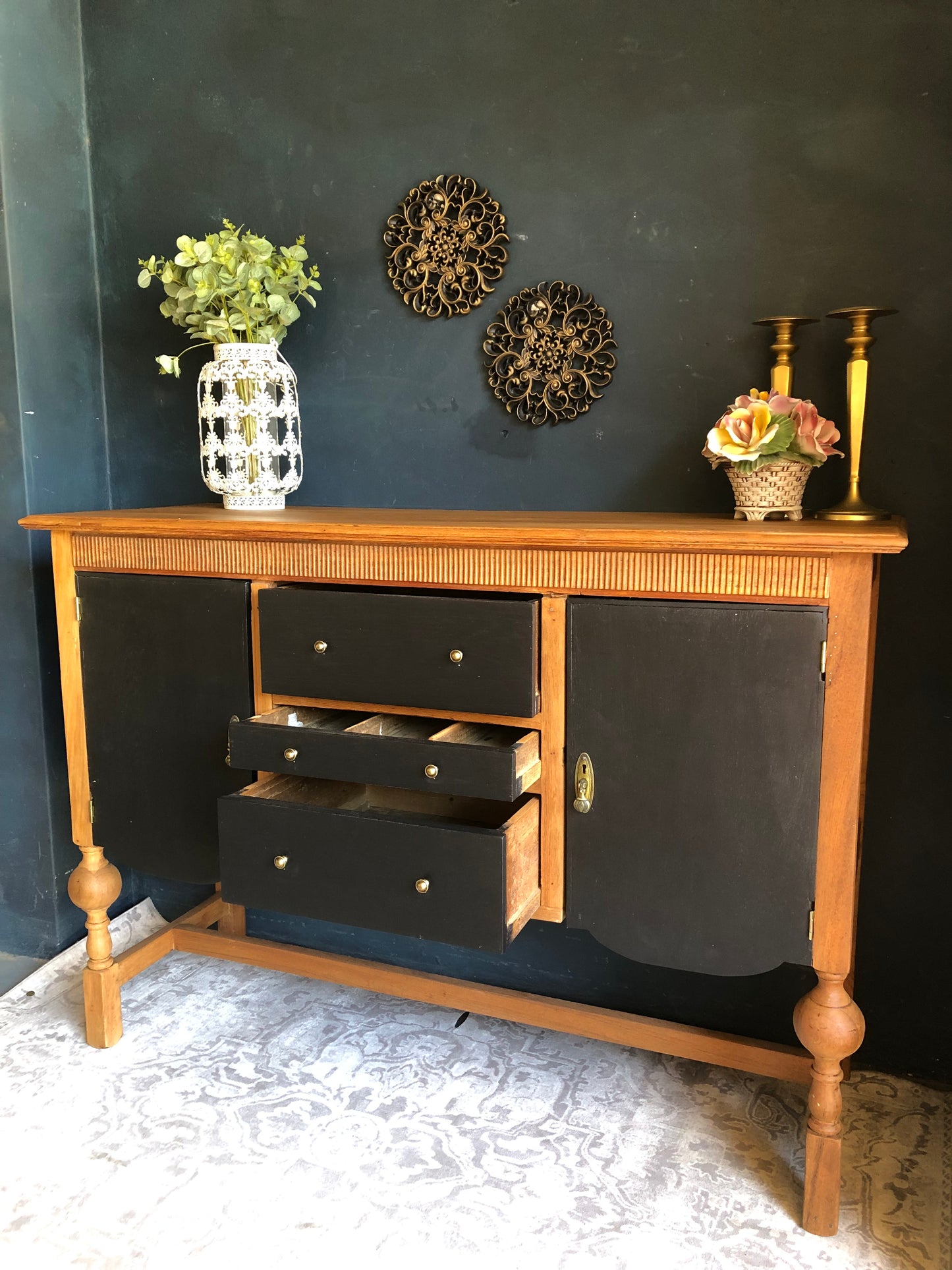 Mid-Century Two-Tone Sideboard Cabinet – Black & Natural Wood Finish