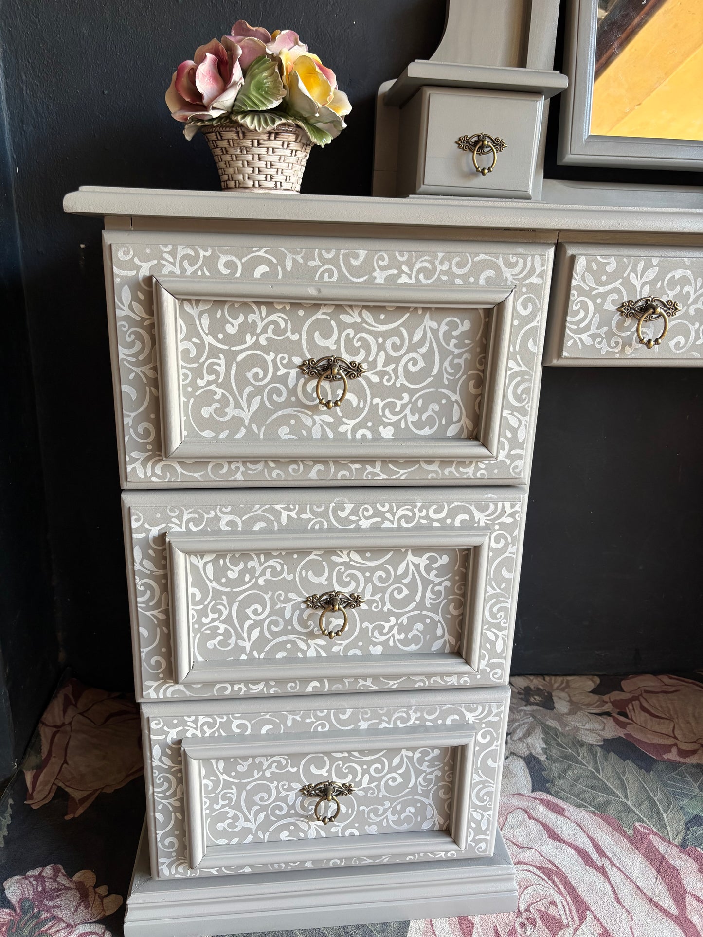 Ornate Warm Grey Vanity Desk with Mirror