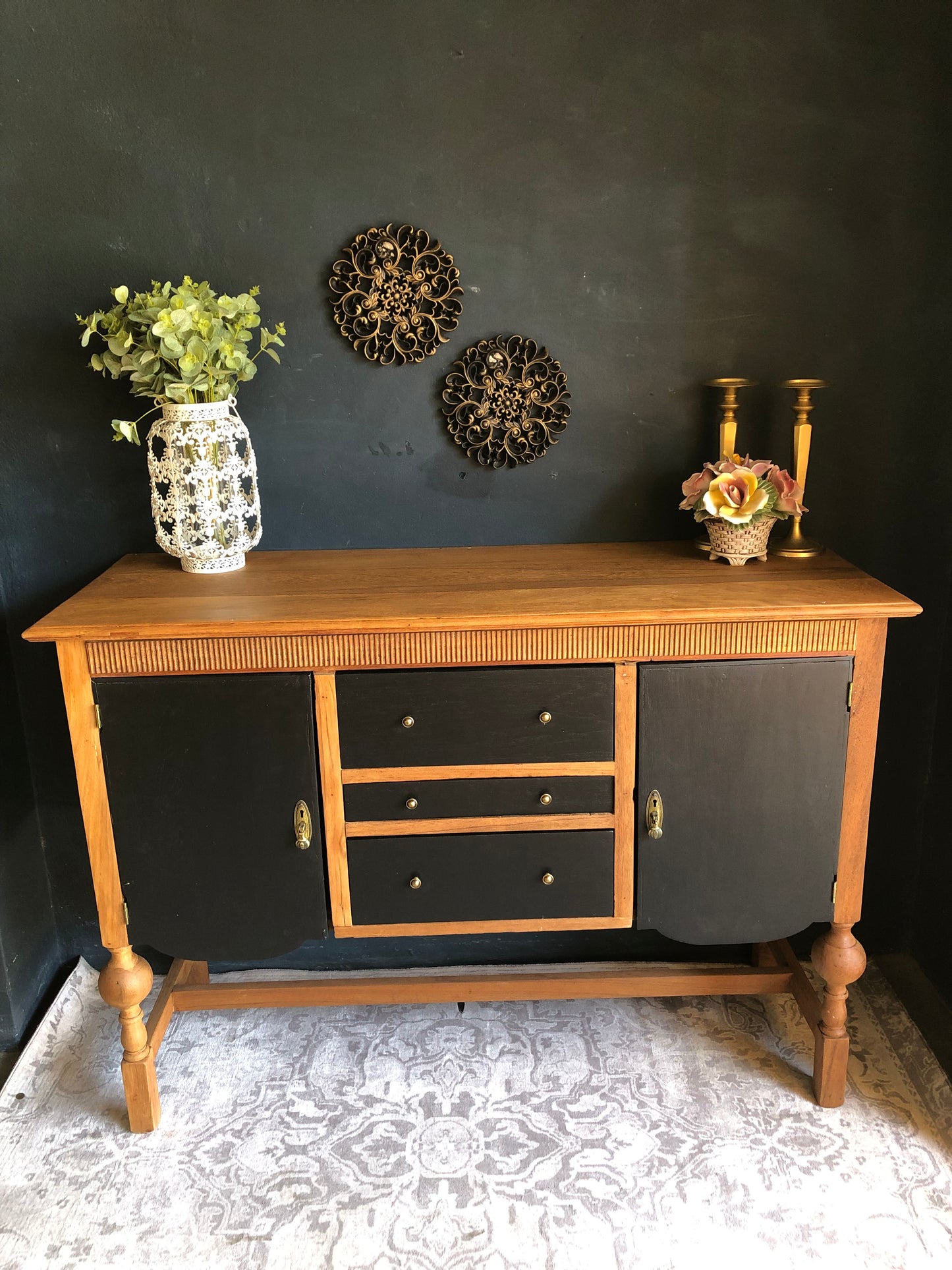Mid-Century Two-Tone Sideboard Cabinet – Black & Natural Wood Finish