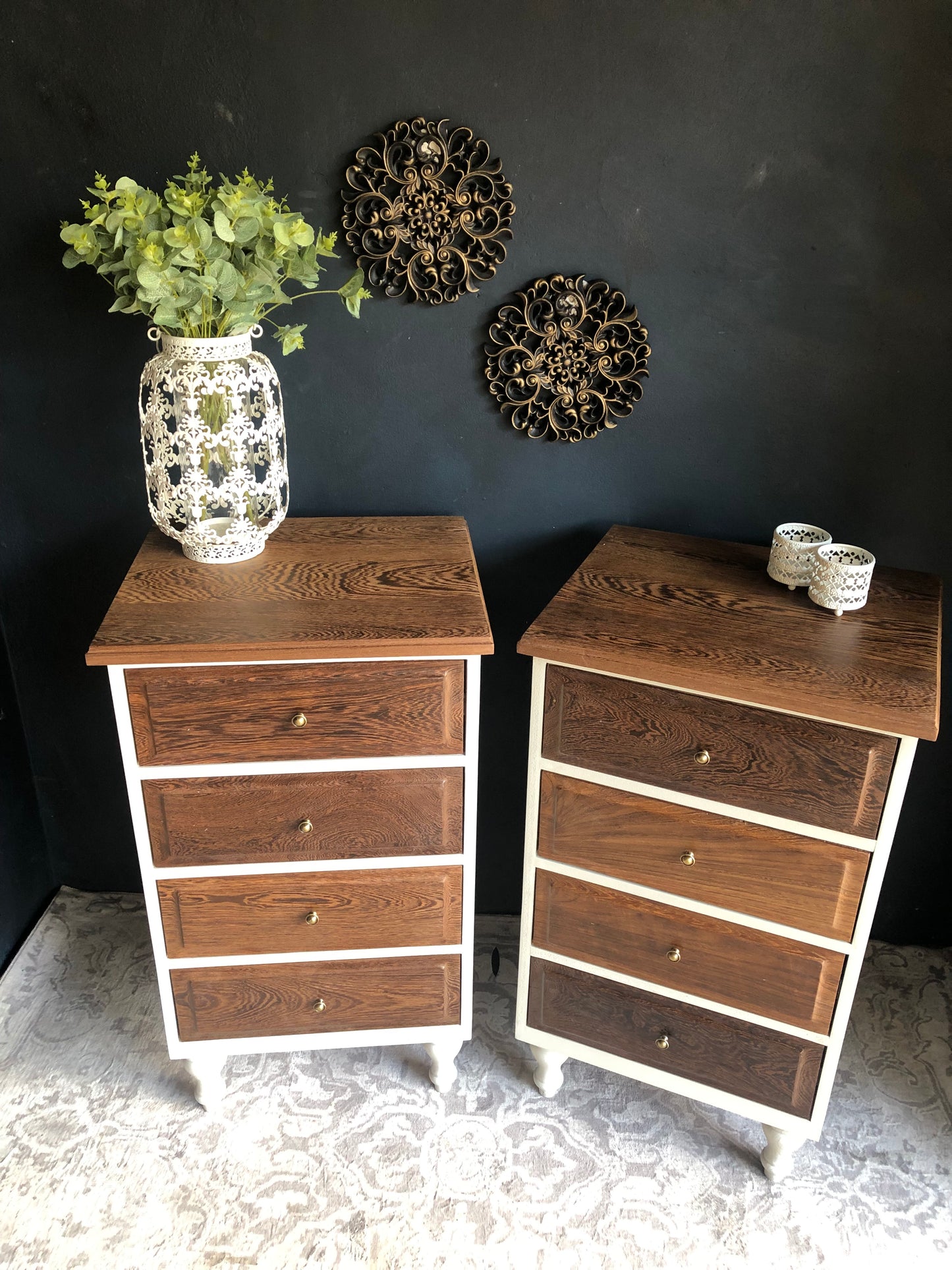 Pair of Tall 4-Drawer Bedside Chests – Solid Partridge Wood Tops & Drawer Fronts