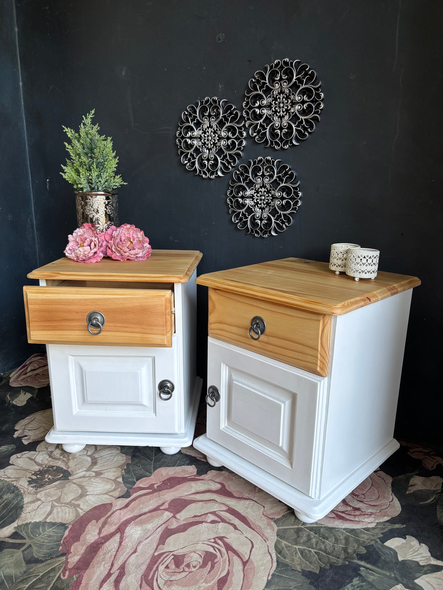 Pair of White & Pine Bedside Tables