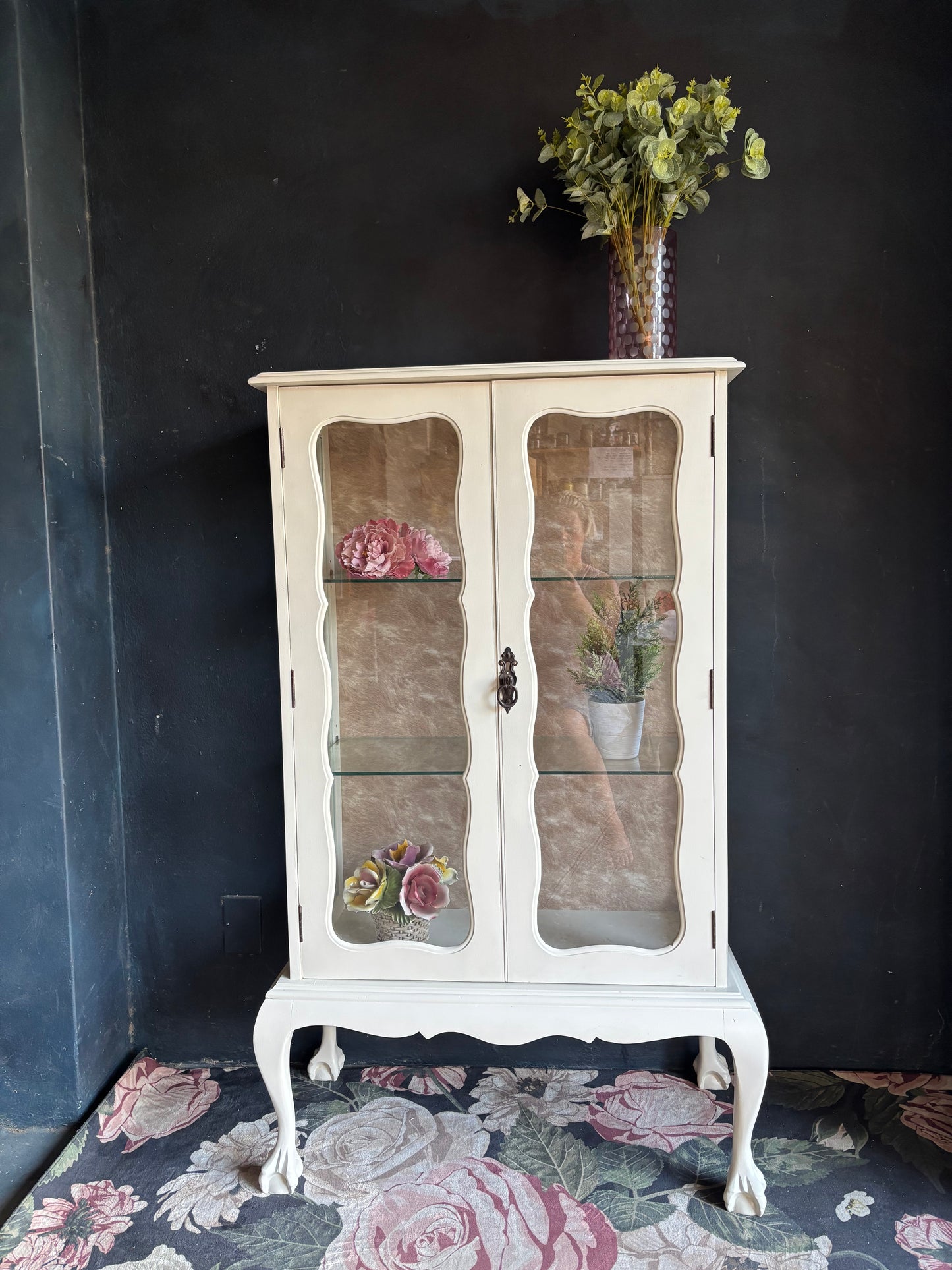Vintage French Style Cream Glass Display Cabinet