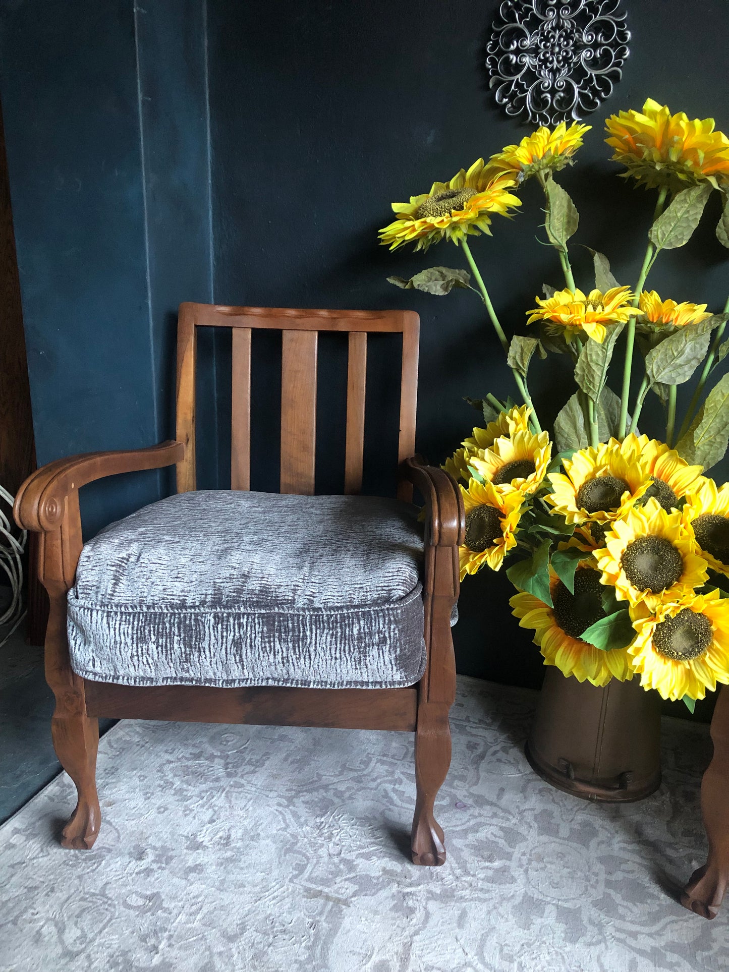 Vintage Carved Wood Armchairs – Velvet Textured Cushions