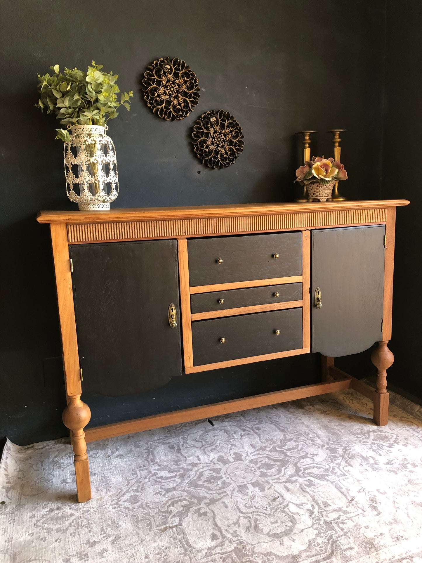 Mid-Century Two-Tone Sideboard Cabinet – Black & Natural Wood Finish