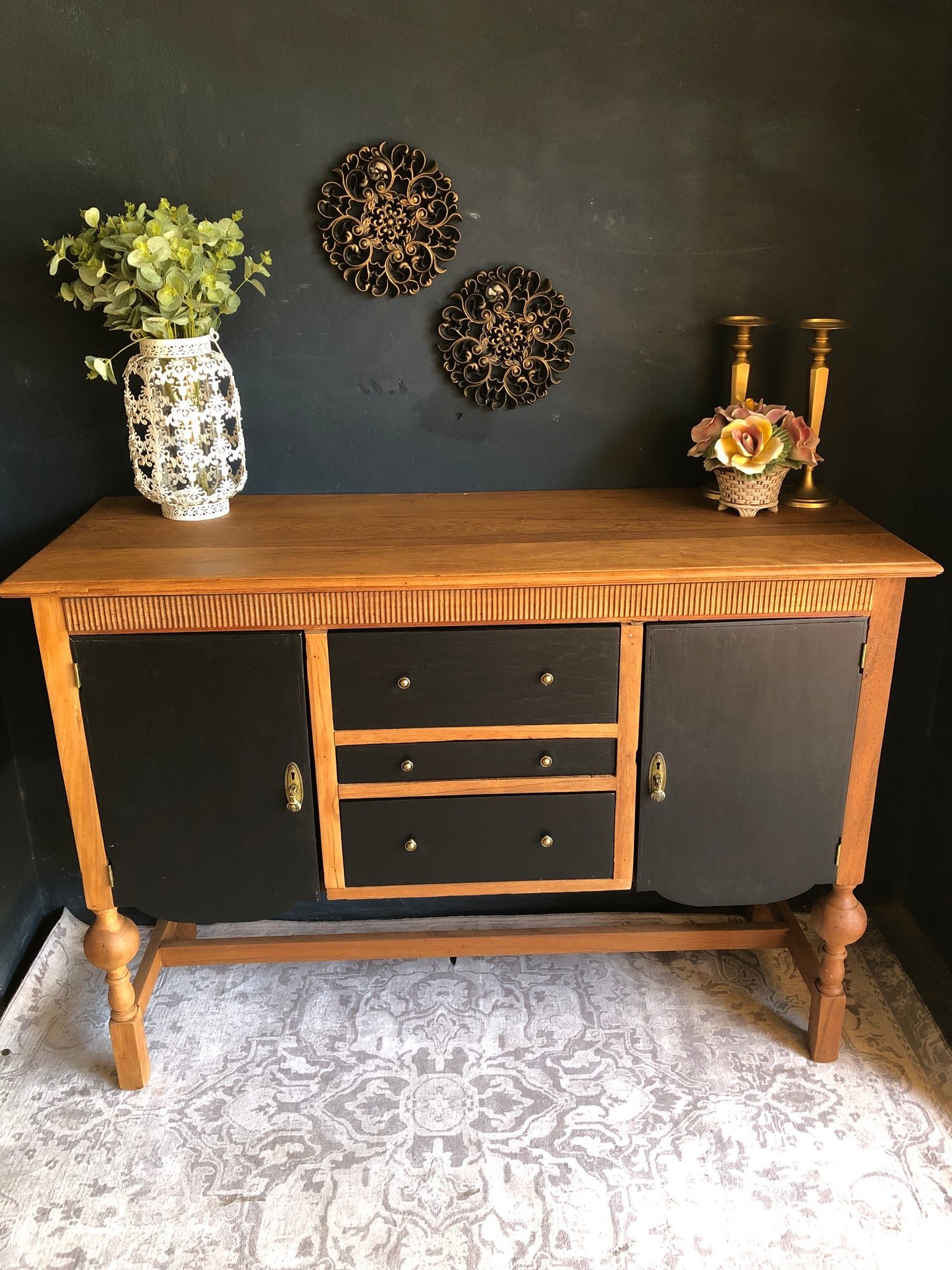 Mid-Century Two-Tone Sideboard Cabinet – Black & Natural Wood Finish