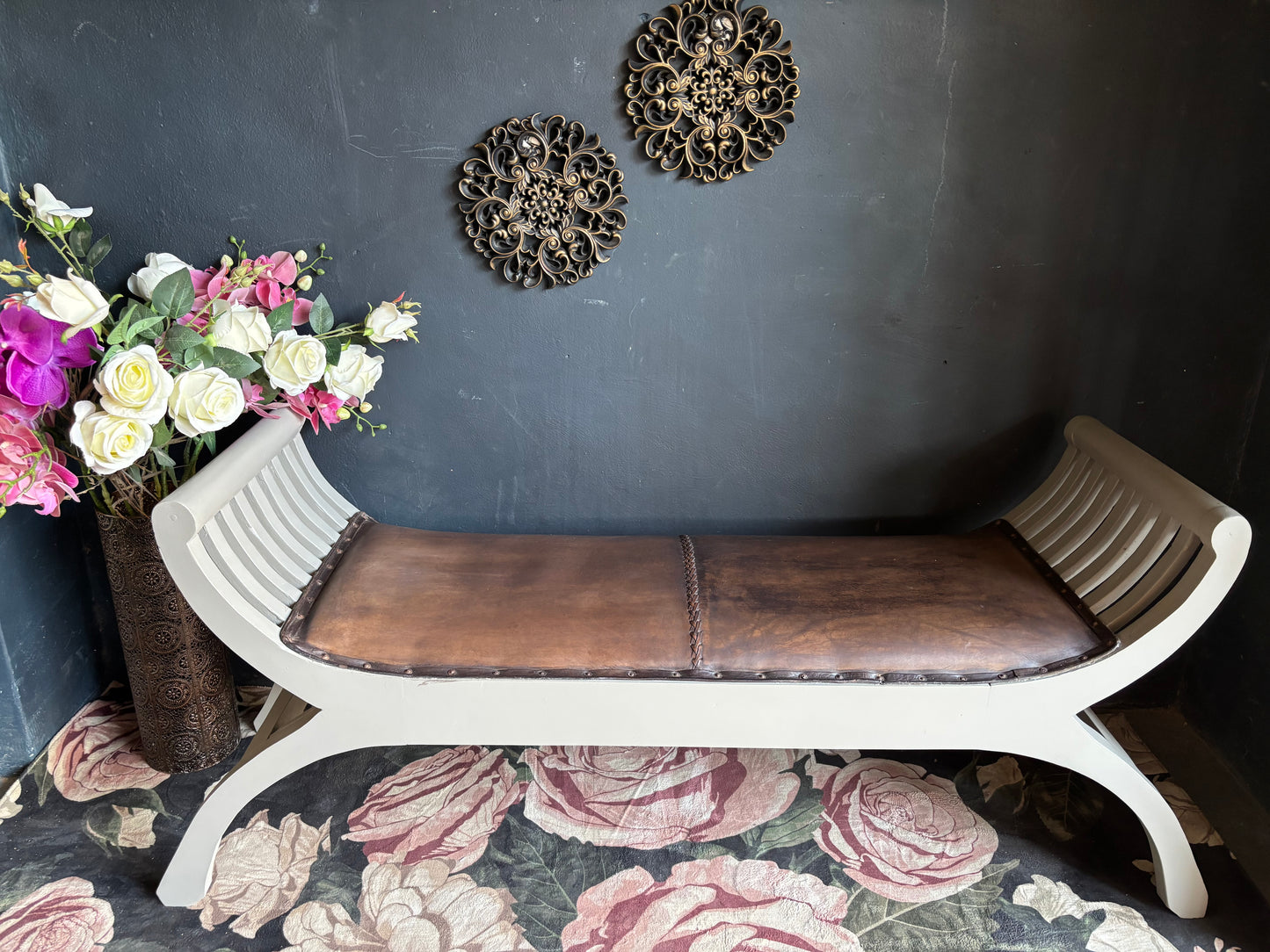 Curved Wooden Bench with Leather Seat