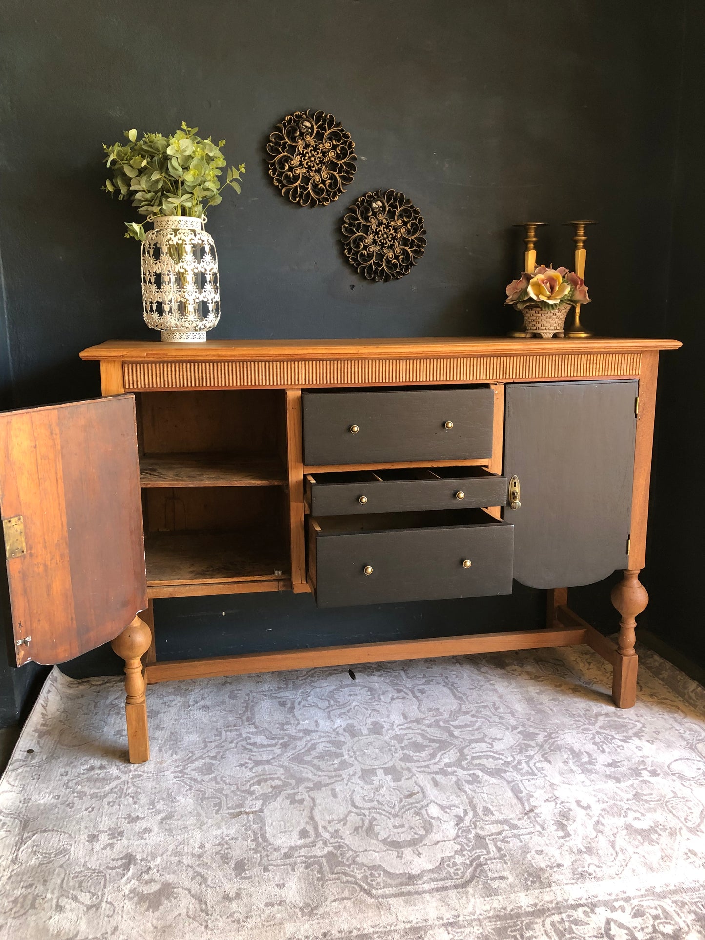 Mid-Century Two-Tone Sideboard Cabinet – Black & Natural Wood Finish