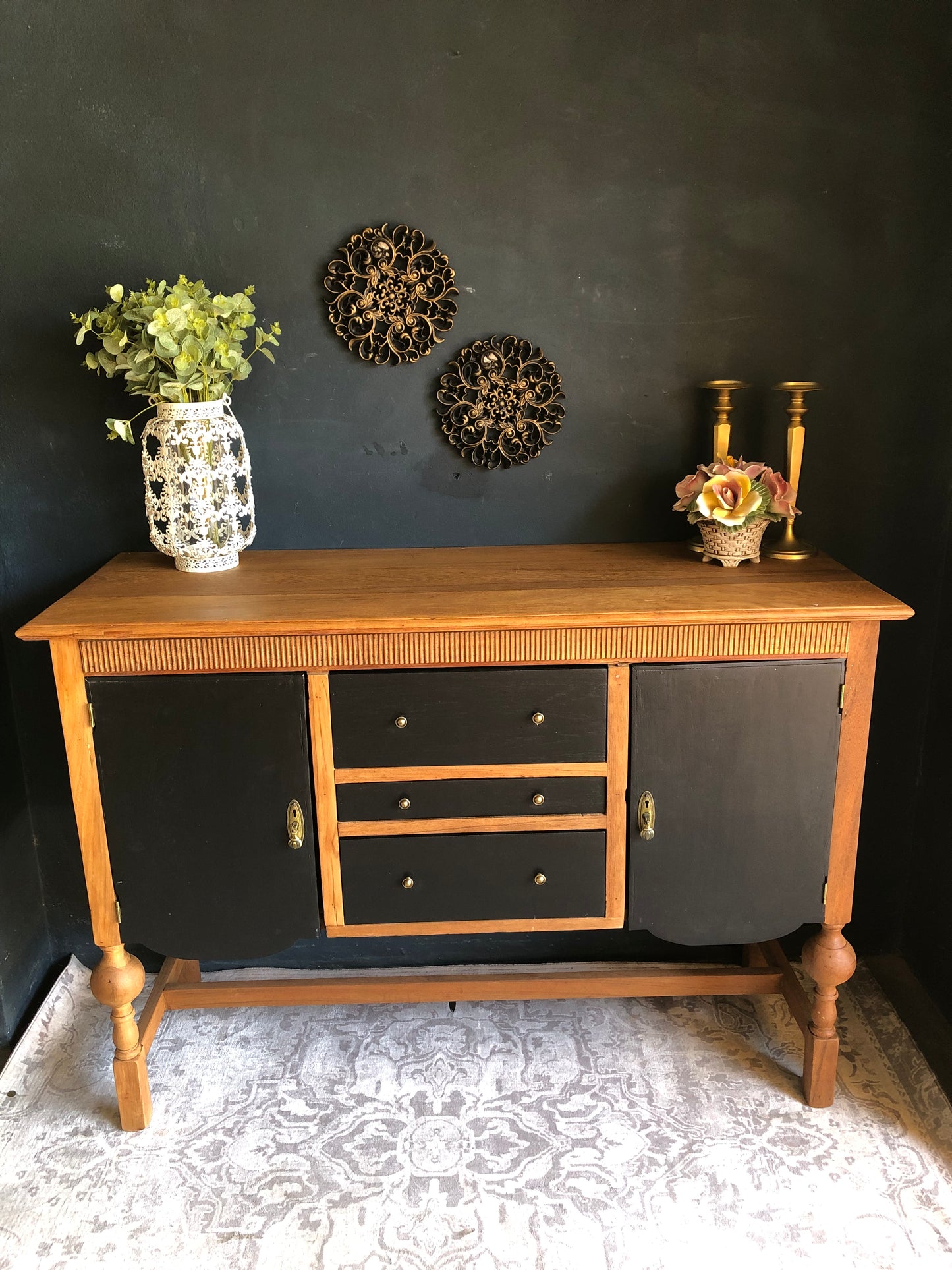Mid-Century Two-Tone Sideboard Cabinet – Black & Natural Wood Finish