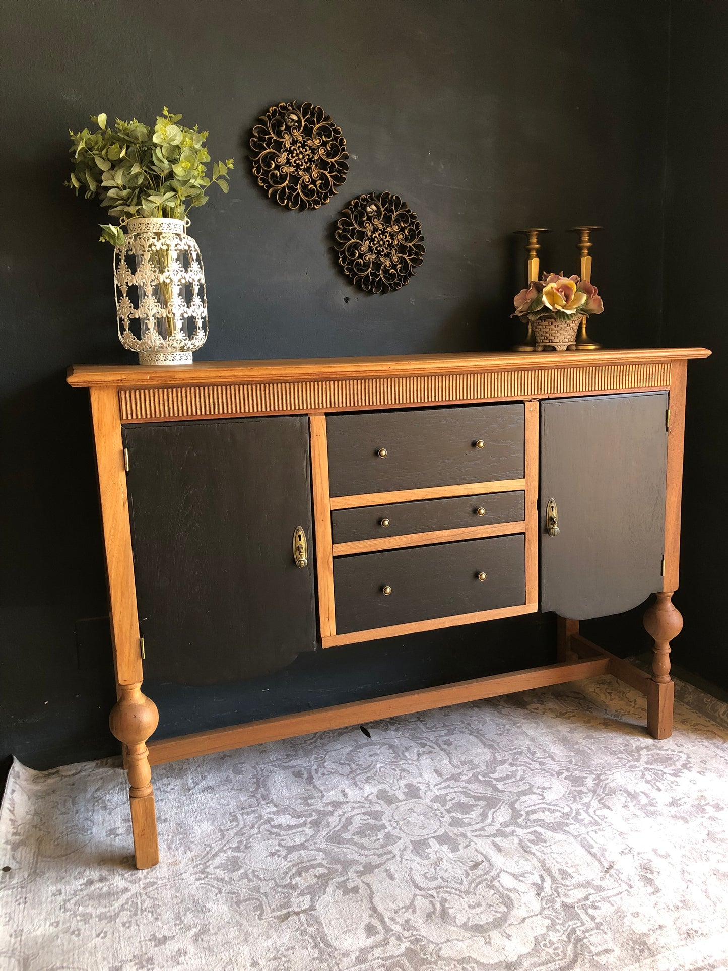 Mid-Century Two-Tone Sideboard Cabinet – Black & Natural Wood Finish