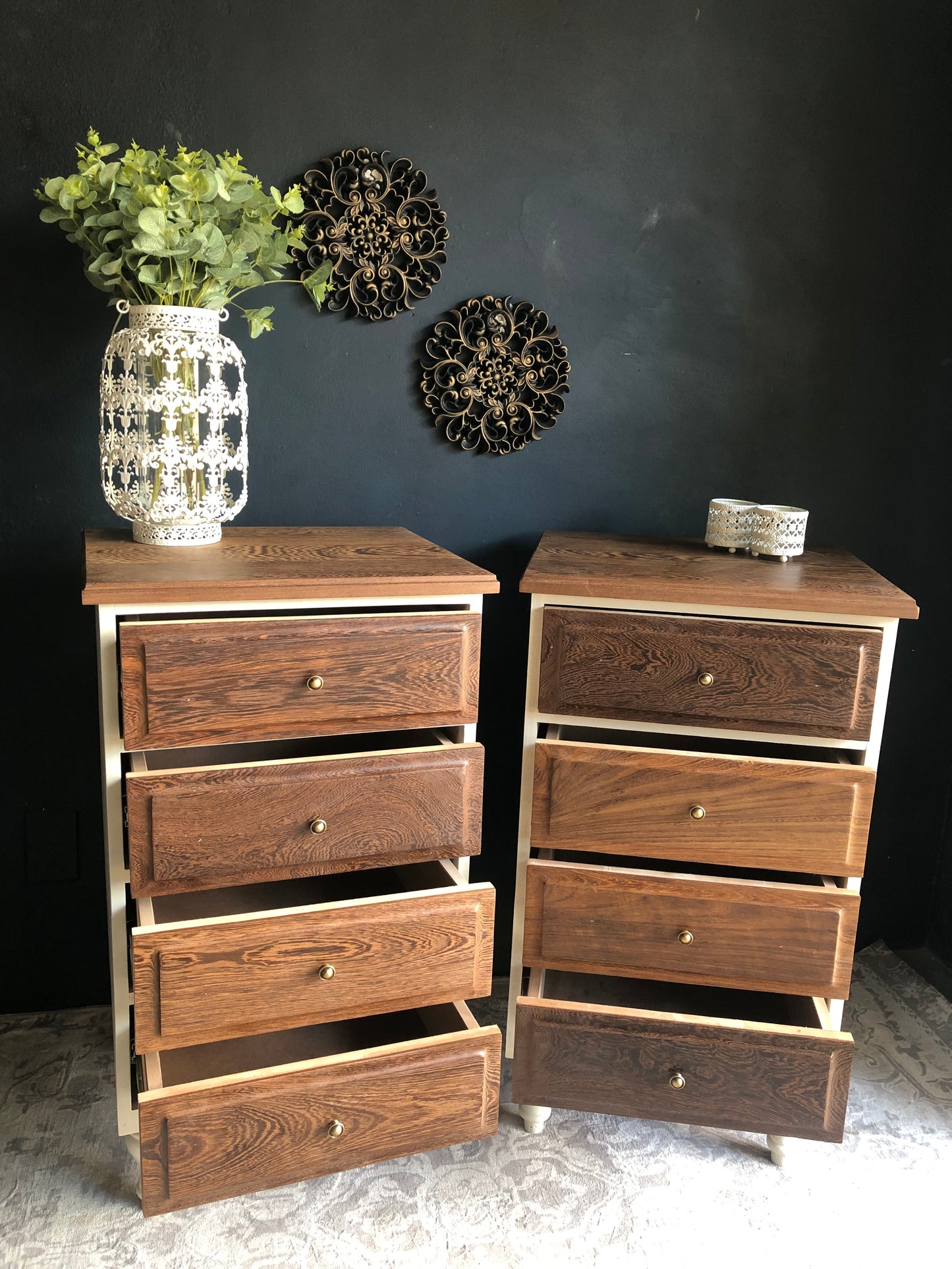 Pair of Tall 4-Drawer Bedside Chests – Solid Partridge Wood Tops & Drawer Fronts