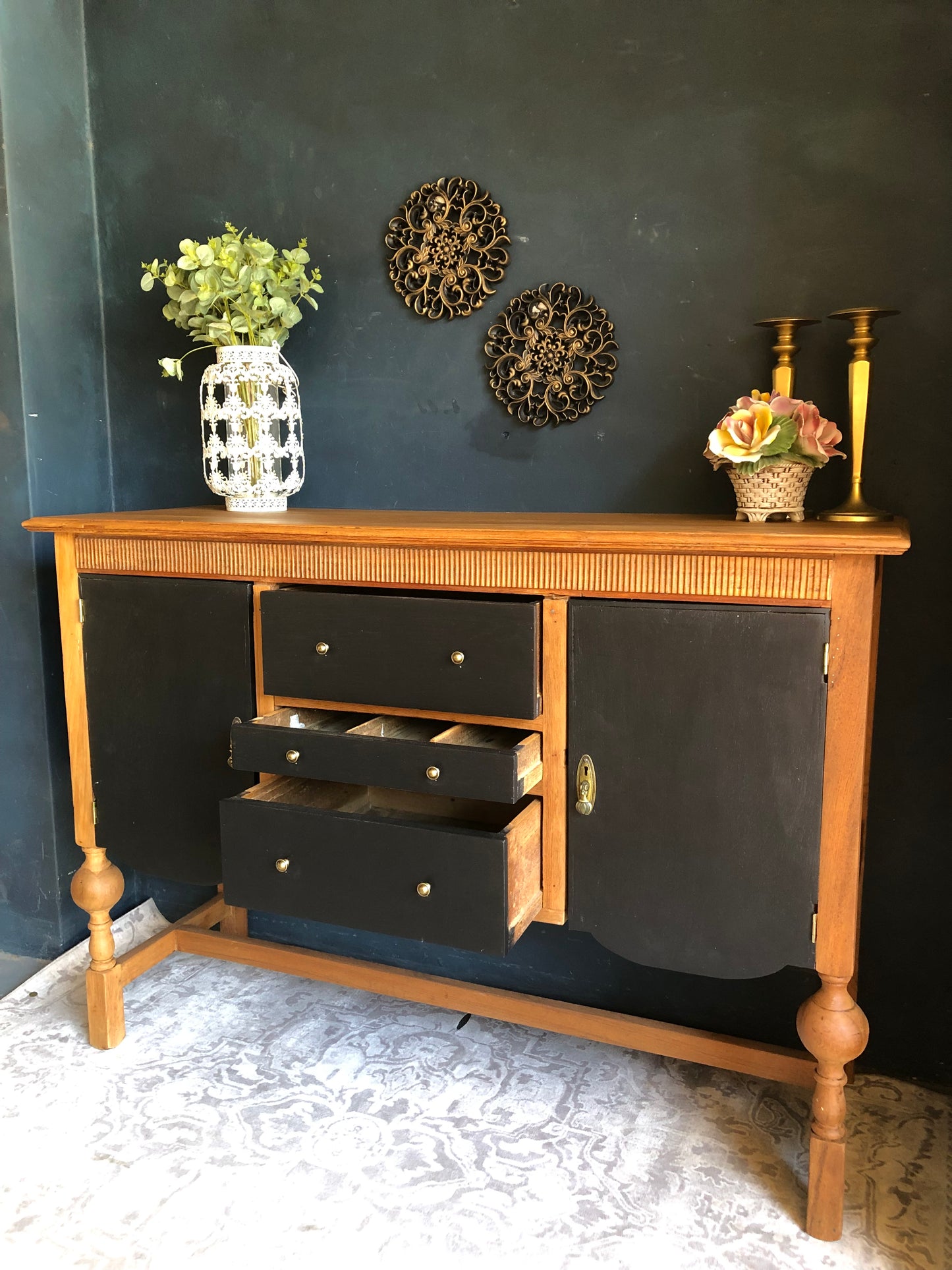 Mid-Century Two-Tone Sideboard Cabinet – Black & Natural Wood Finish