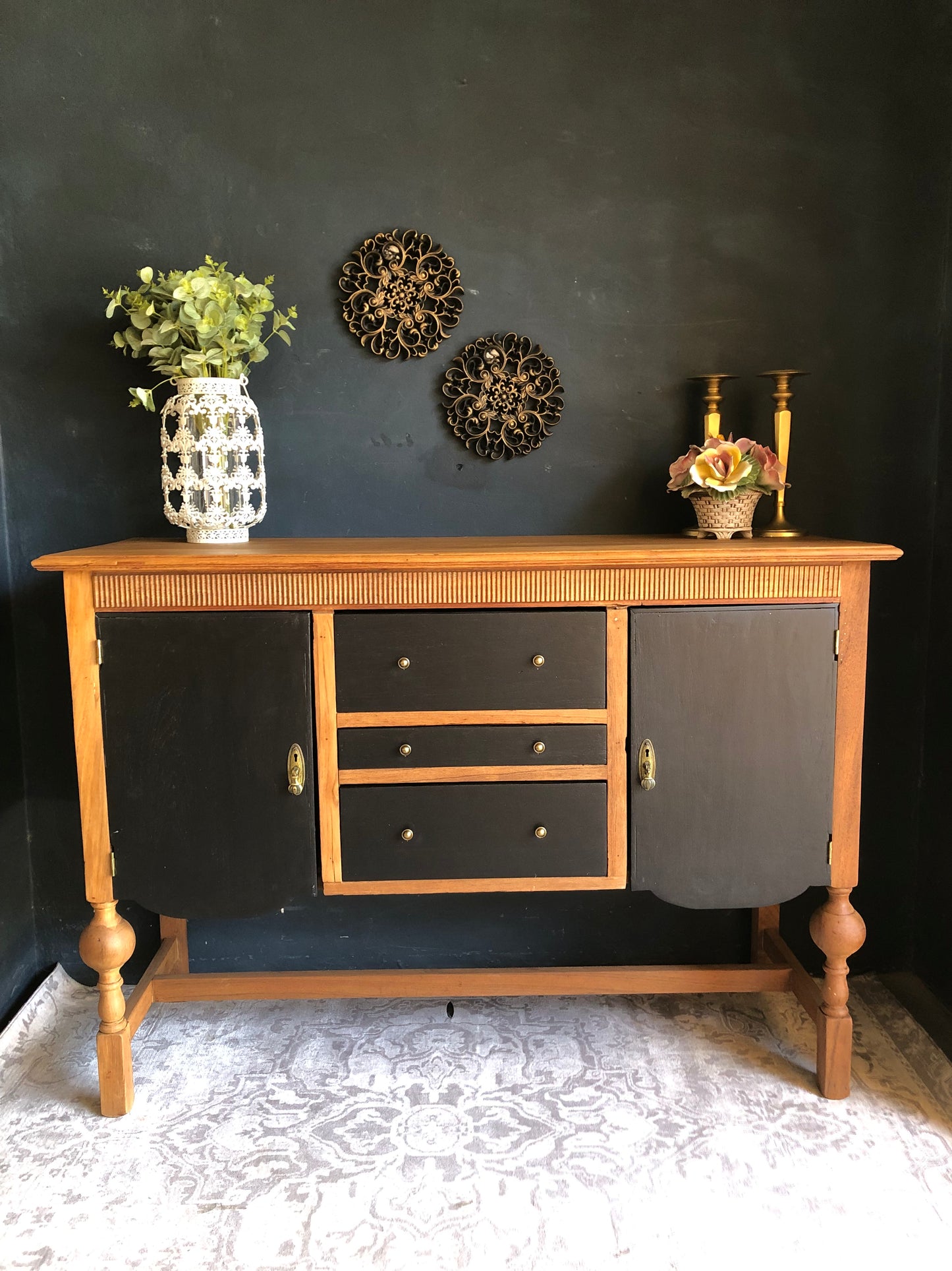 Mid-Century Two-Tone Sideboard Cabinet – Black & Natural Wood Finish