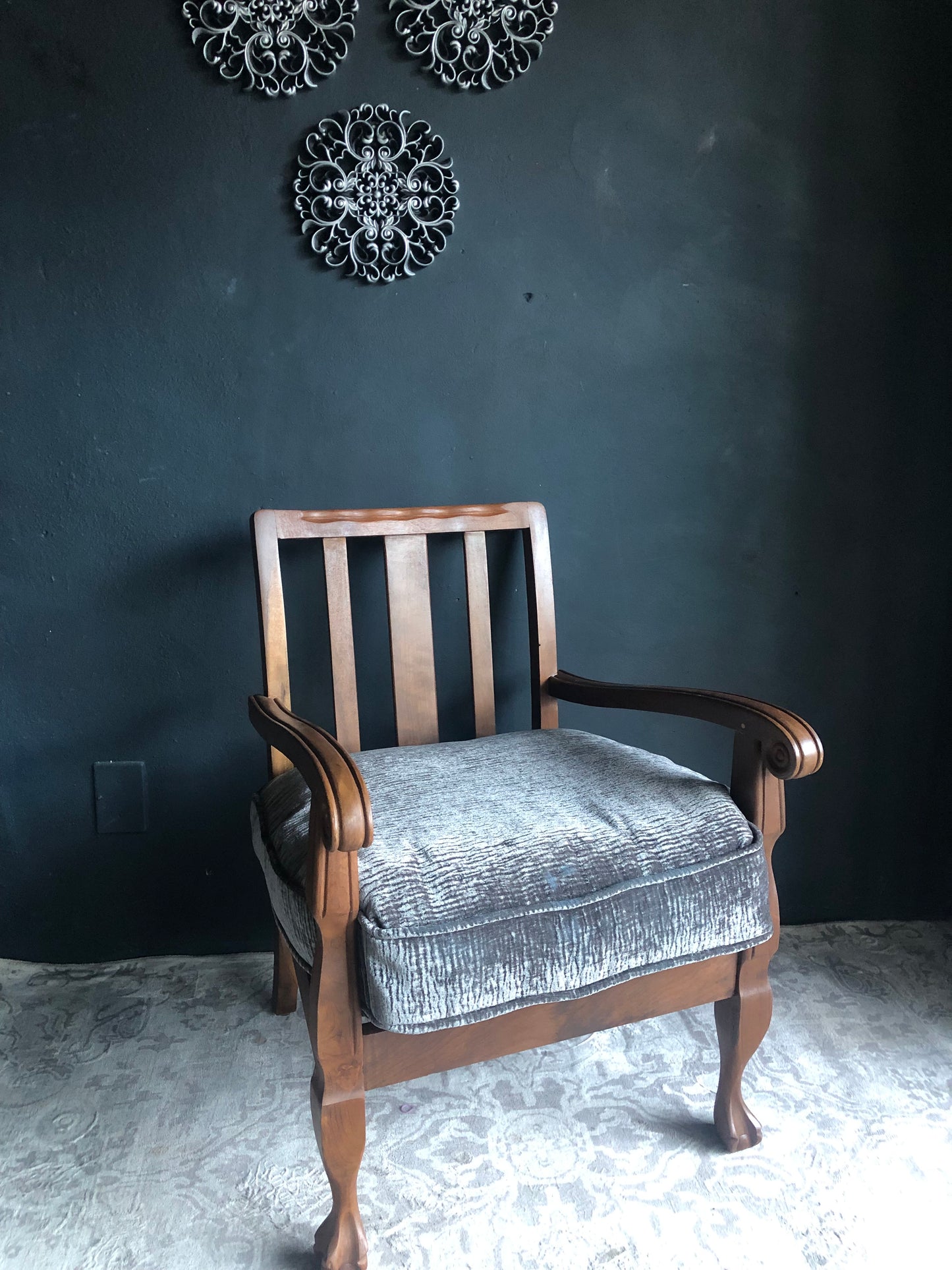 Vintage Carved Wood Armchairs – Velvet Textured Cushions