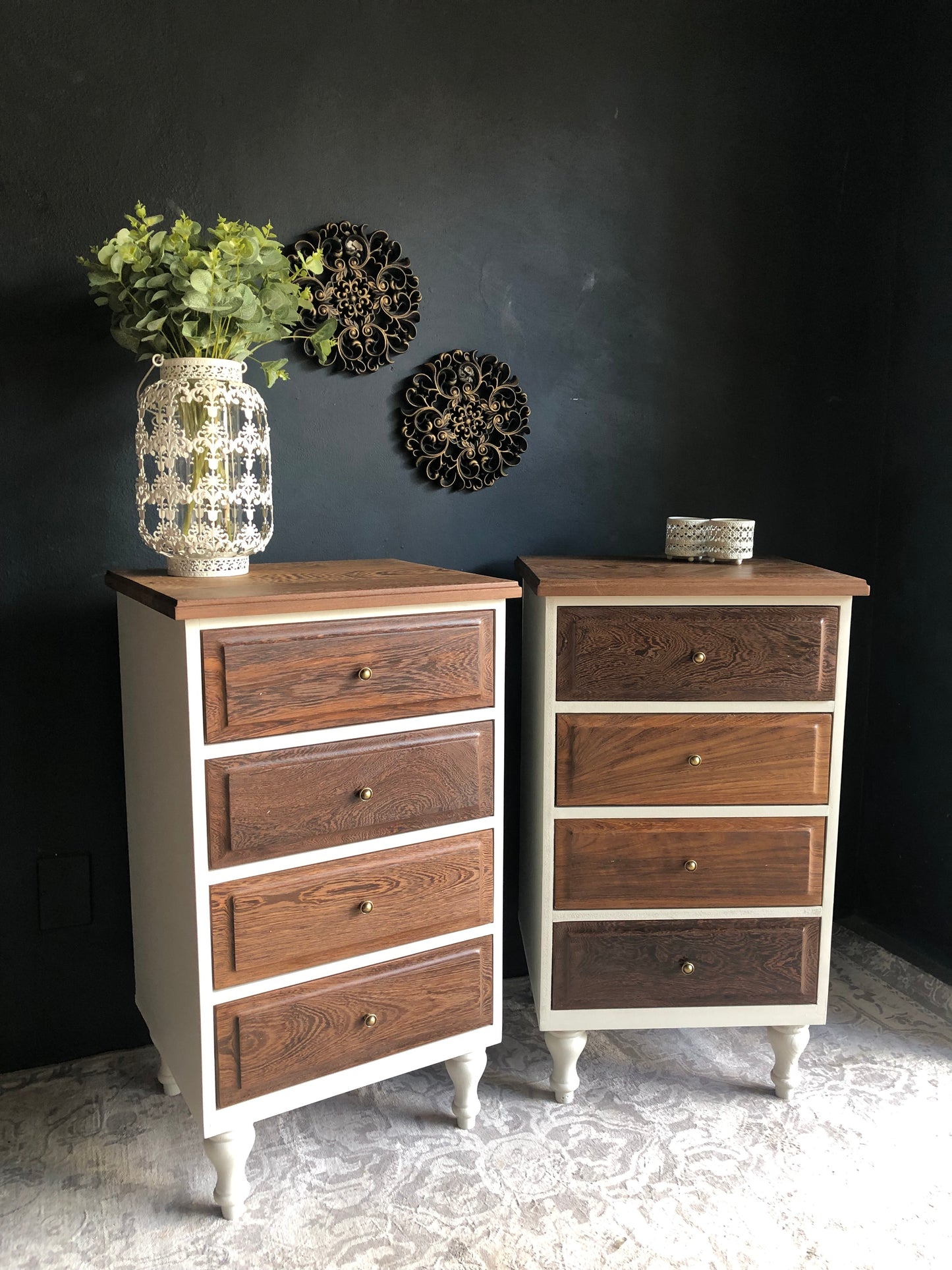 Pair of Tall 4-Drawer Bedside Chests – Solid Partridge Wood Tops & Drawer Fronts