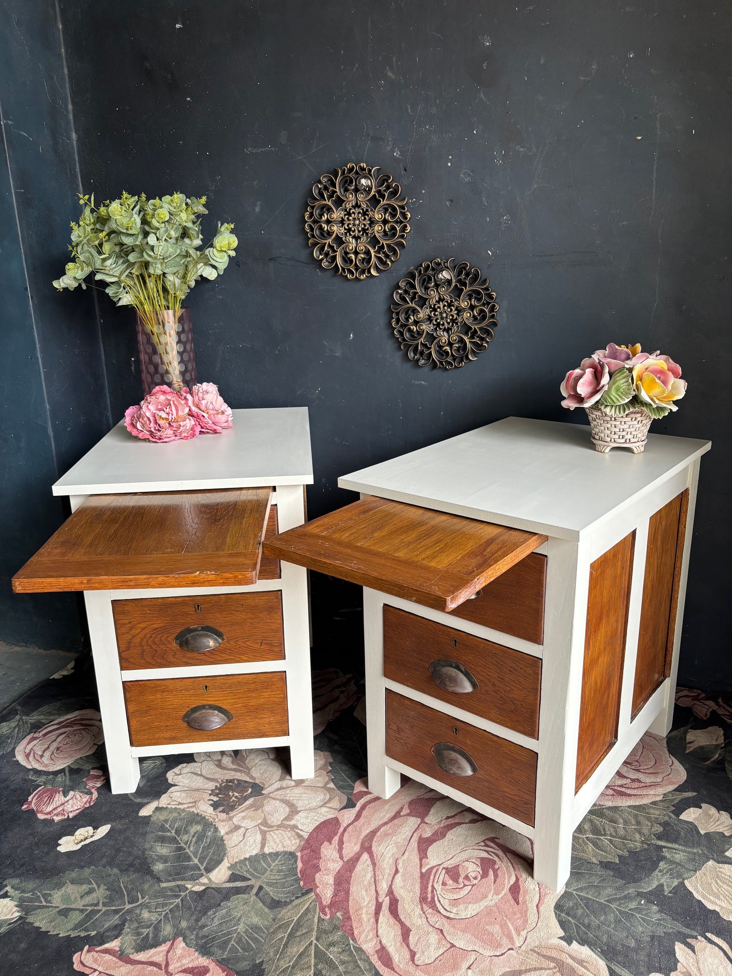Vintage Oak & Soft White Bedside Tables (Pair)