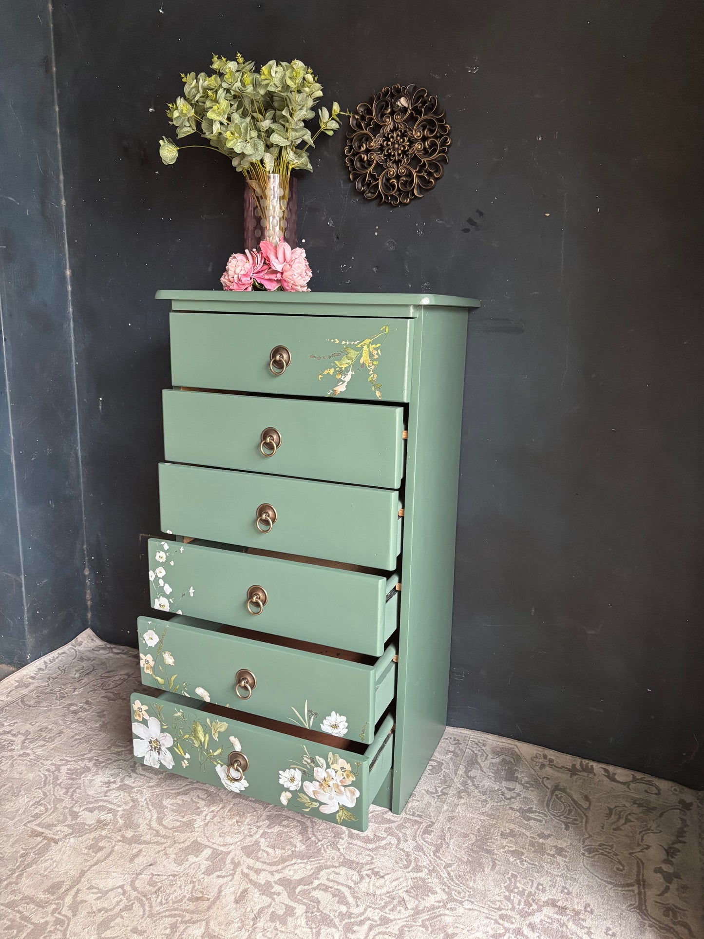 Floral Sage Green Tallboy Chest of Drawers