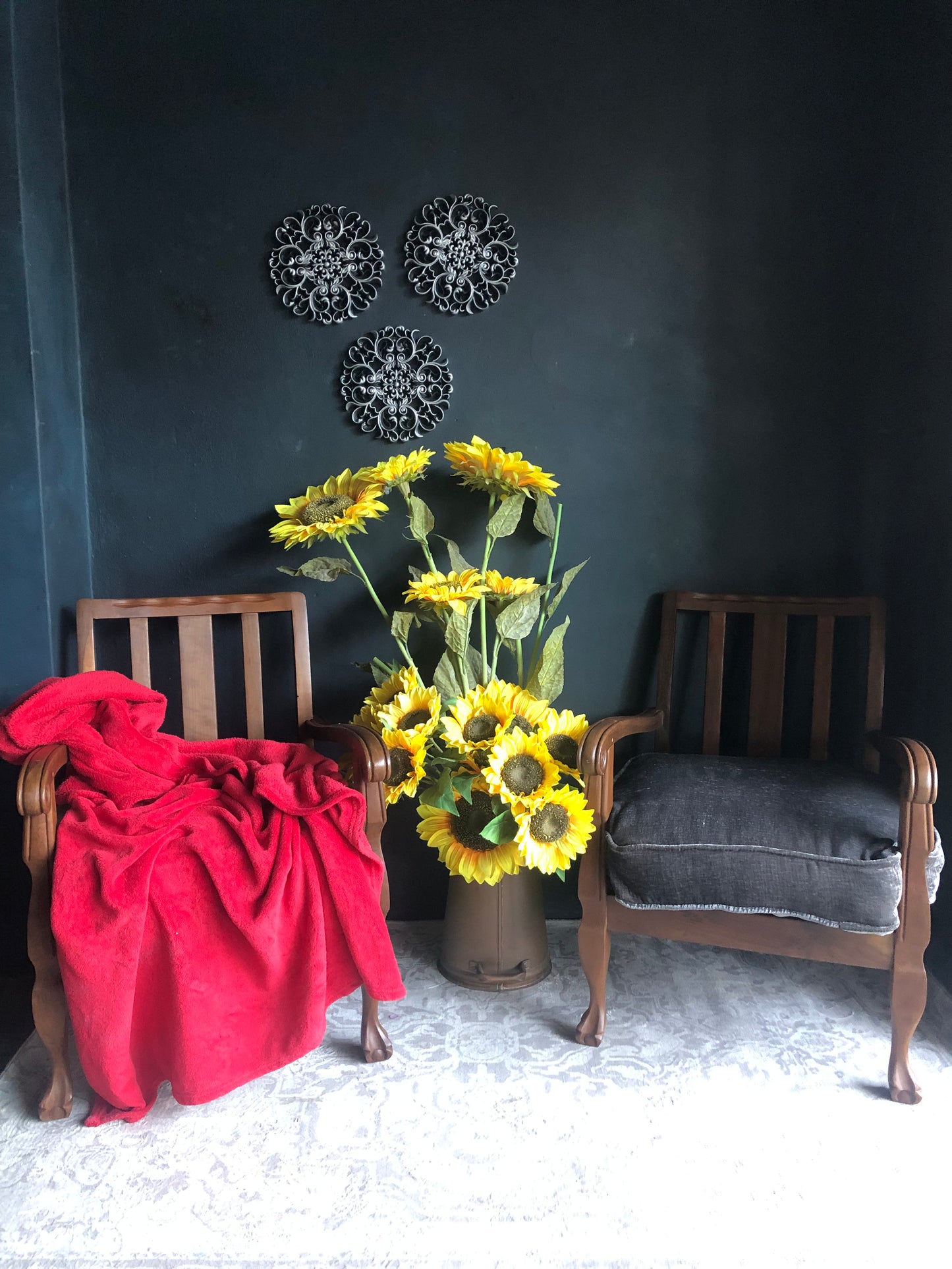 Vintage Carved Wood Armchairs – Velvet Textured Cushions