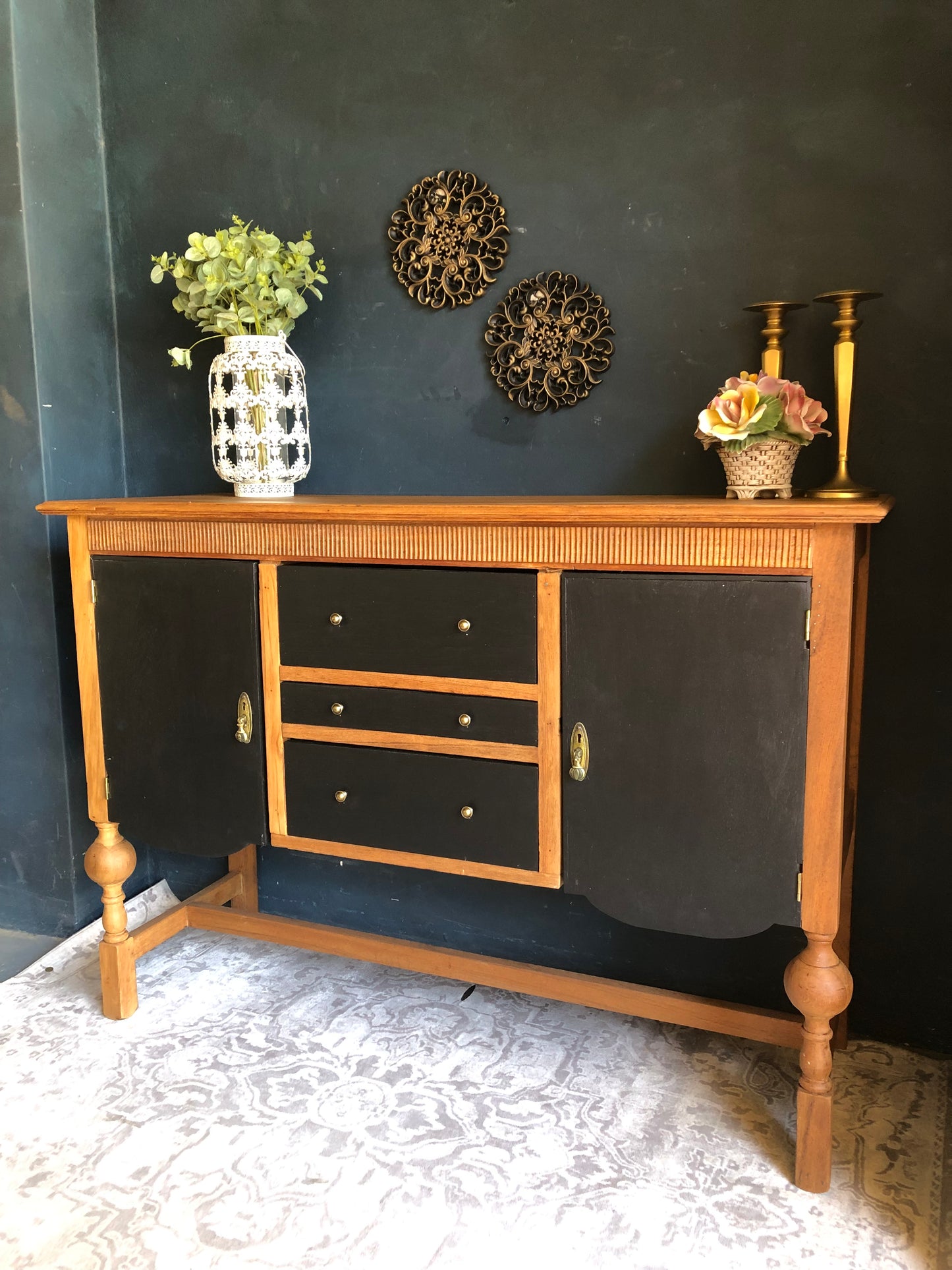 Mid-Century Two-Tone Sideboard Cabinet – Black & Natural Wood Finish