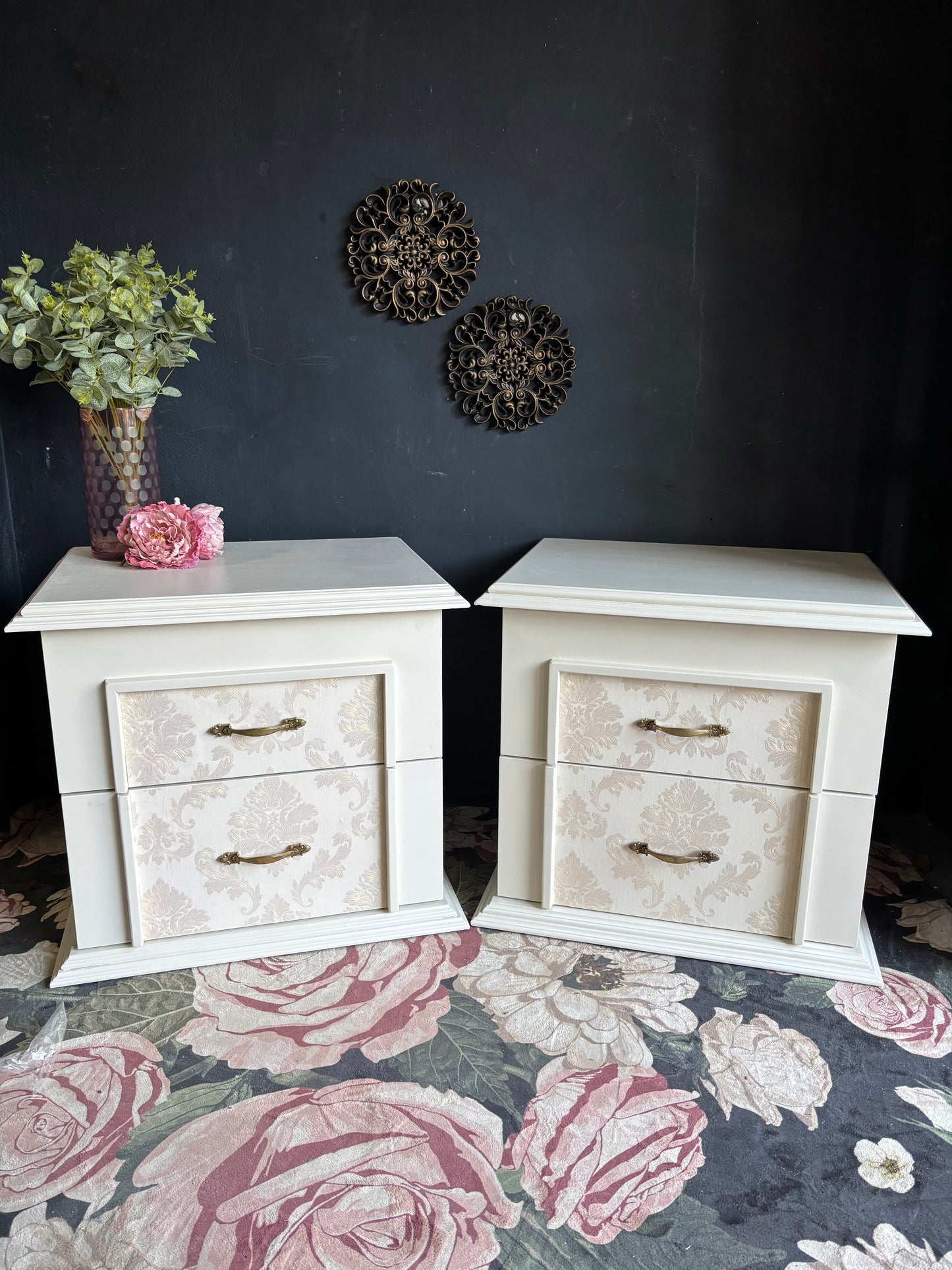Elegant Oversized Cream Damask Nightstands (Set of 2)