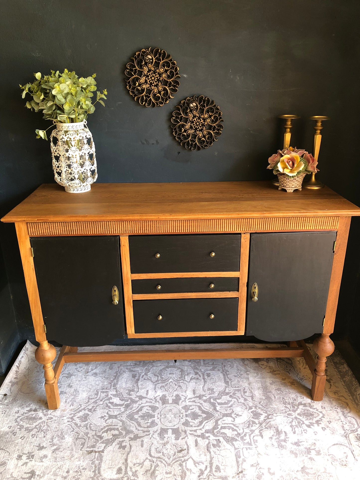 Mid-Century Two-Tone Sideboard Cabinet – Black & Natural Wood Finish