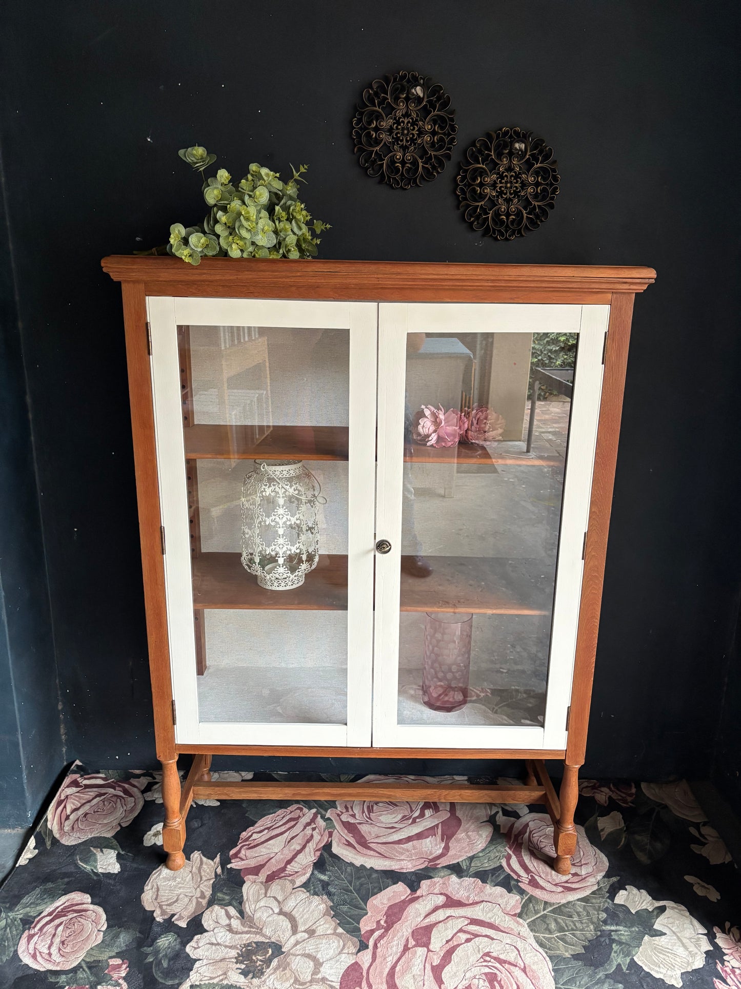 Vintage Teak & Linen Display Cabinet