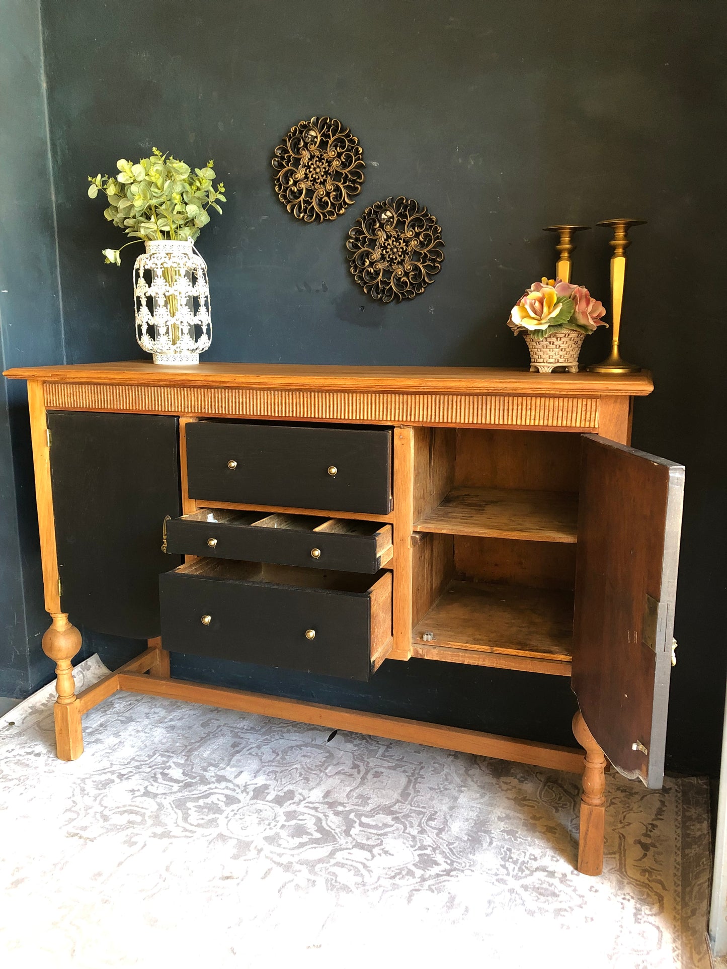 Mid-Century Two-Tone Sideboard Cabinet – Black & Natural Wood Finish