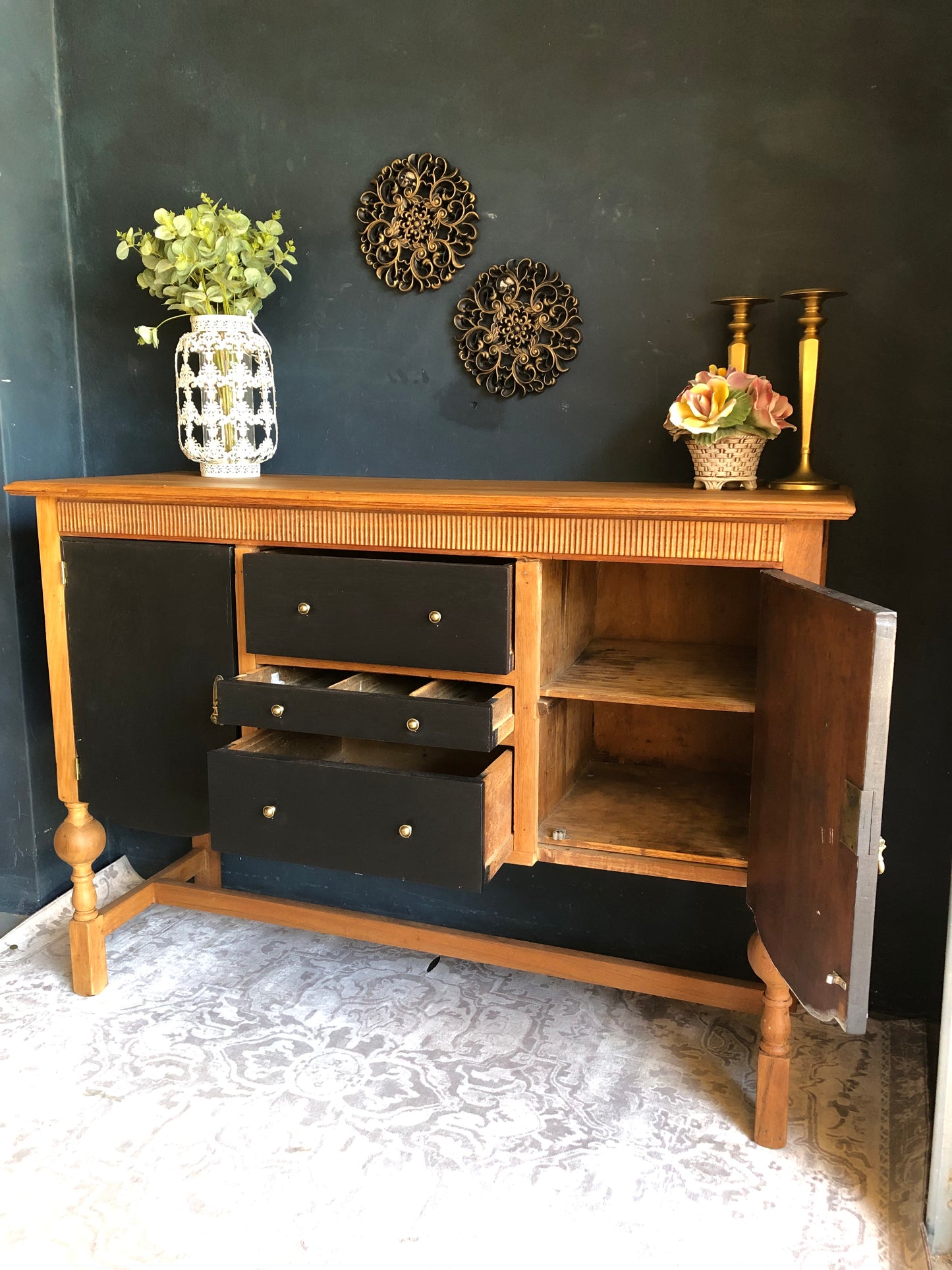 Mid-Century Two-Tone Sideboard Cabinet – Black & Natural Wood Finish