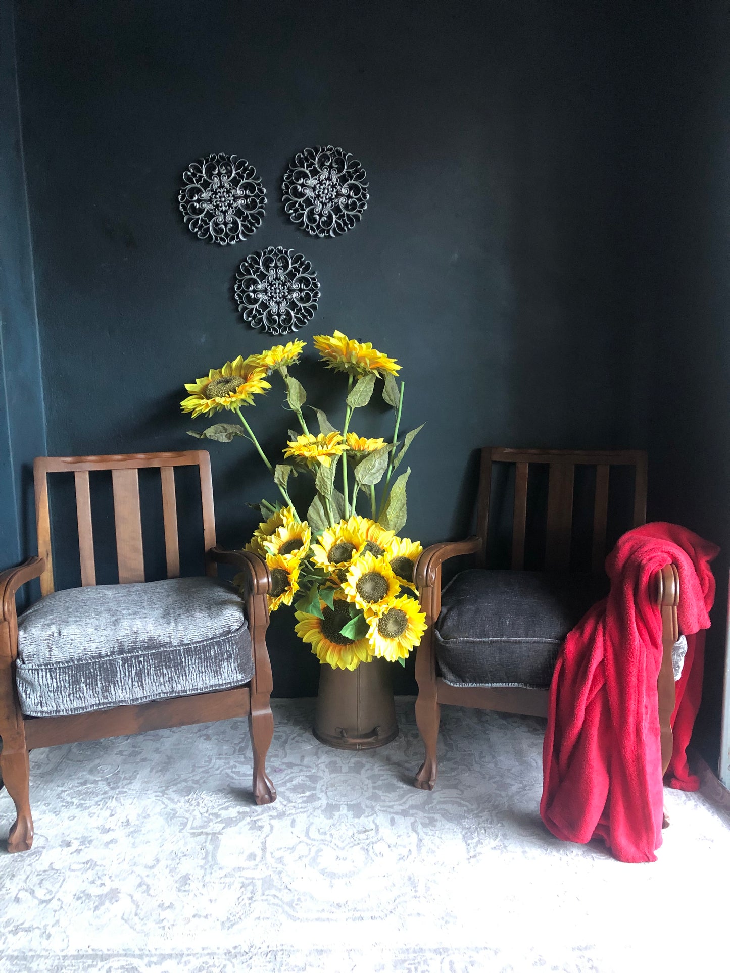 Vintage Carved Wood Armchairs – Velvet Textured Cushions