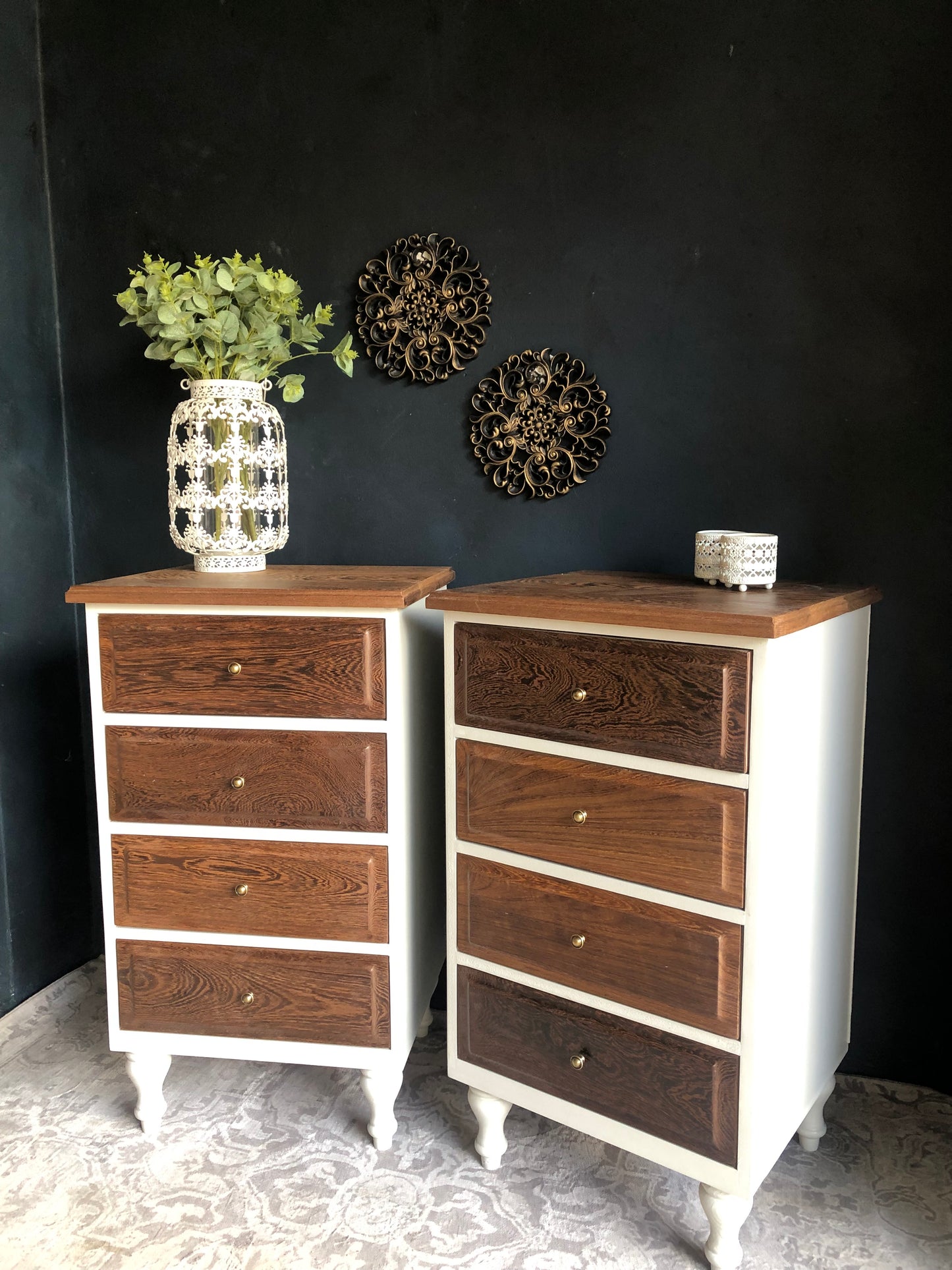 Pair of Tall 4-Drawer Bedside Chests – Solid Partridge Wood Tops & Drawer Fronts