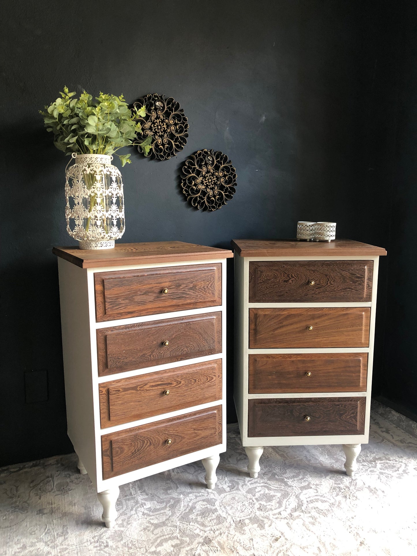 Pair of Tall 4-Drawer Bedside Chests – Solid Partridge Wood Tops & Drawer Fronts