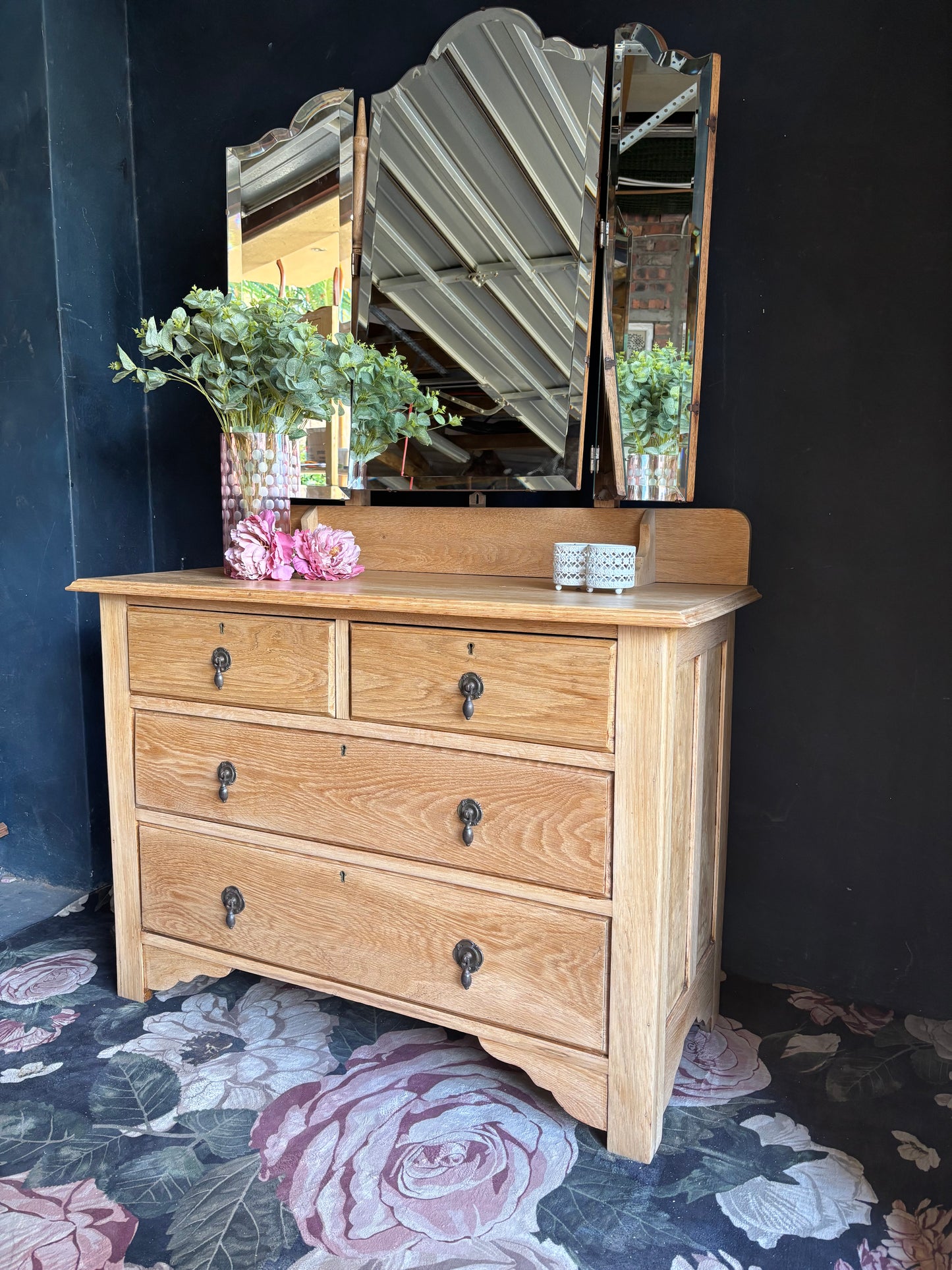 Solid Oak Vintage Dressing Chest with Triple Mirror