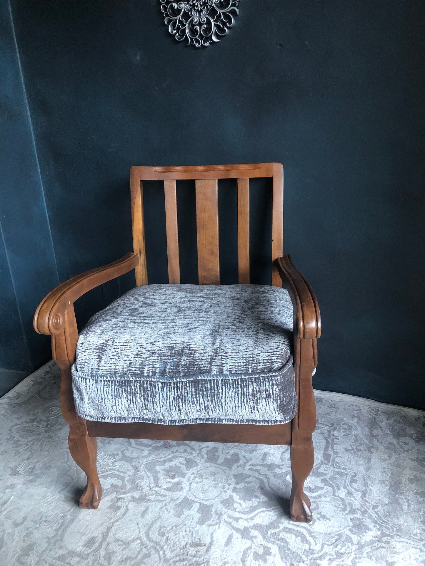 Vintage Carved Wood Armchairs – Velvet Textured Cushions