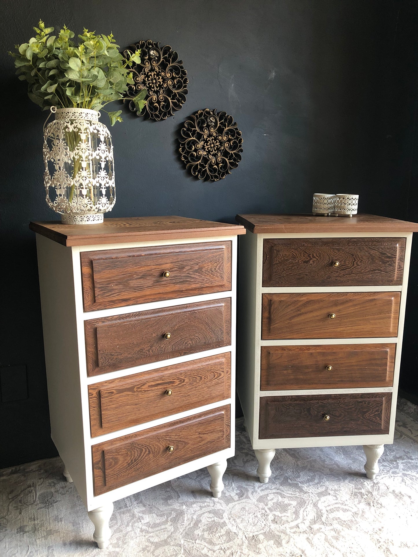 Pair of Tall 4-Drawer Bedside Chests – Solid Partridge Wood Tops & Drawer Fronts