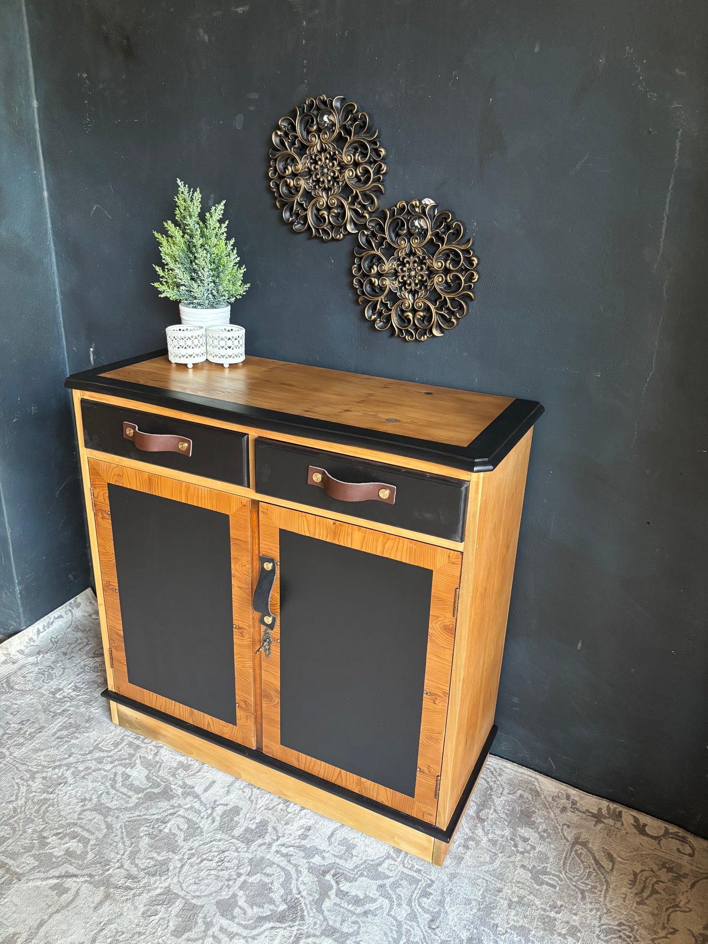 Two-Tone Cabinet with Leather Handles – Rustic Modern Charm