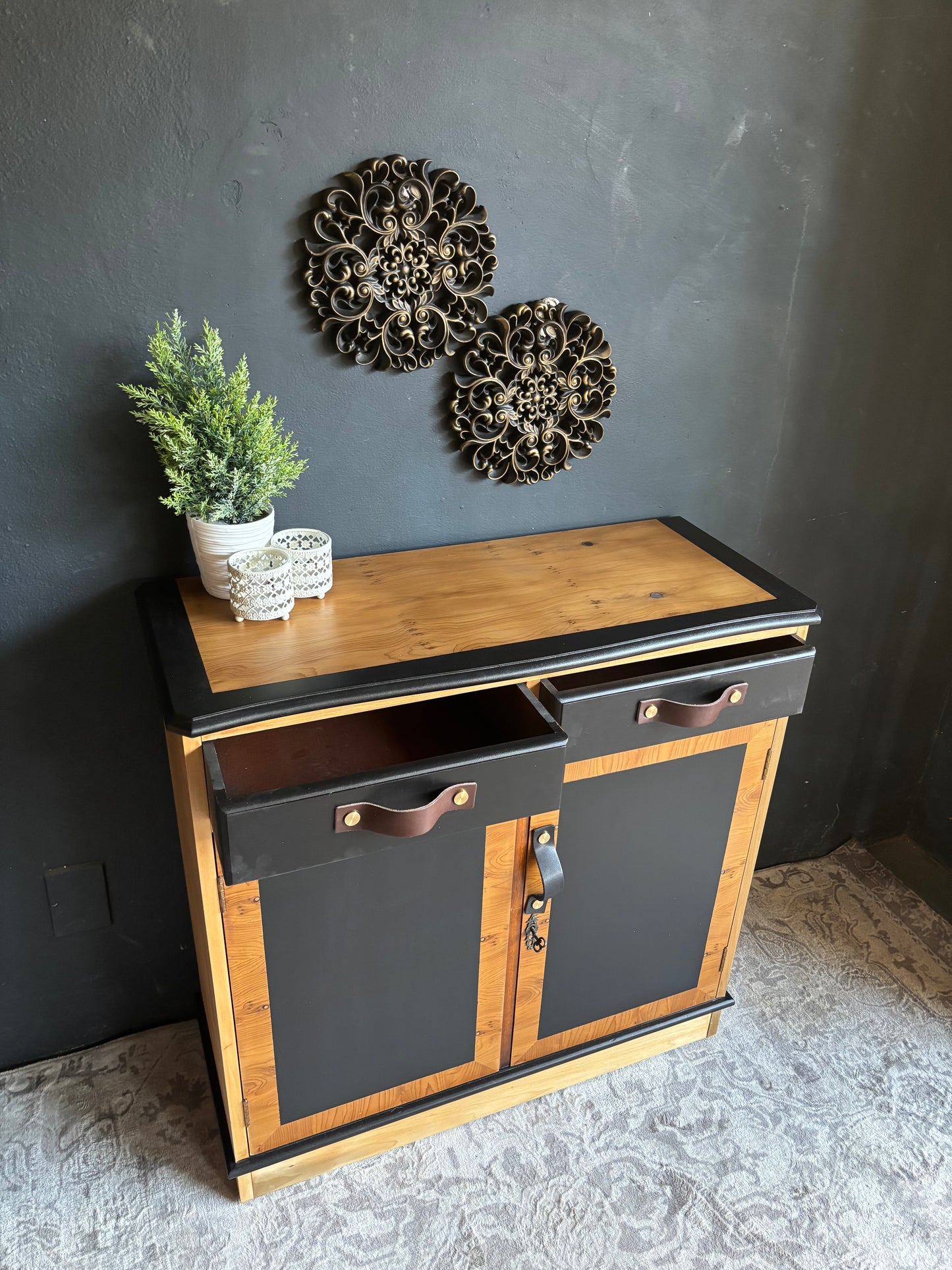 Two-Tone Cabinet with Leather Handles – Rustic Modern Charm