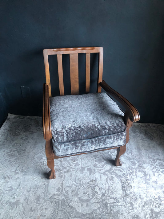 Vintage Carved Wood Armchairs – Velvet Textured Cushions